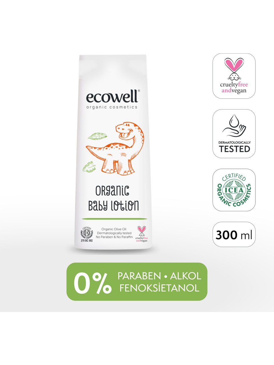 Ecowell Bebek Yüz ve Vücut Losyonu, Organik & Vegan Sertifikalı, Nemlendirici Bebe Kremi, Parabensiz, 300ml