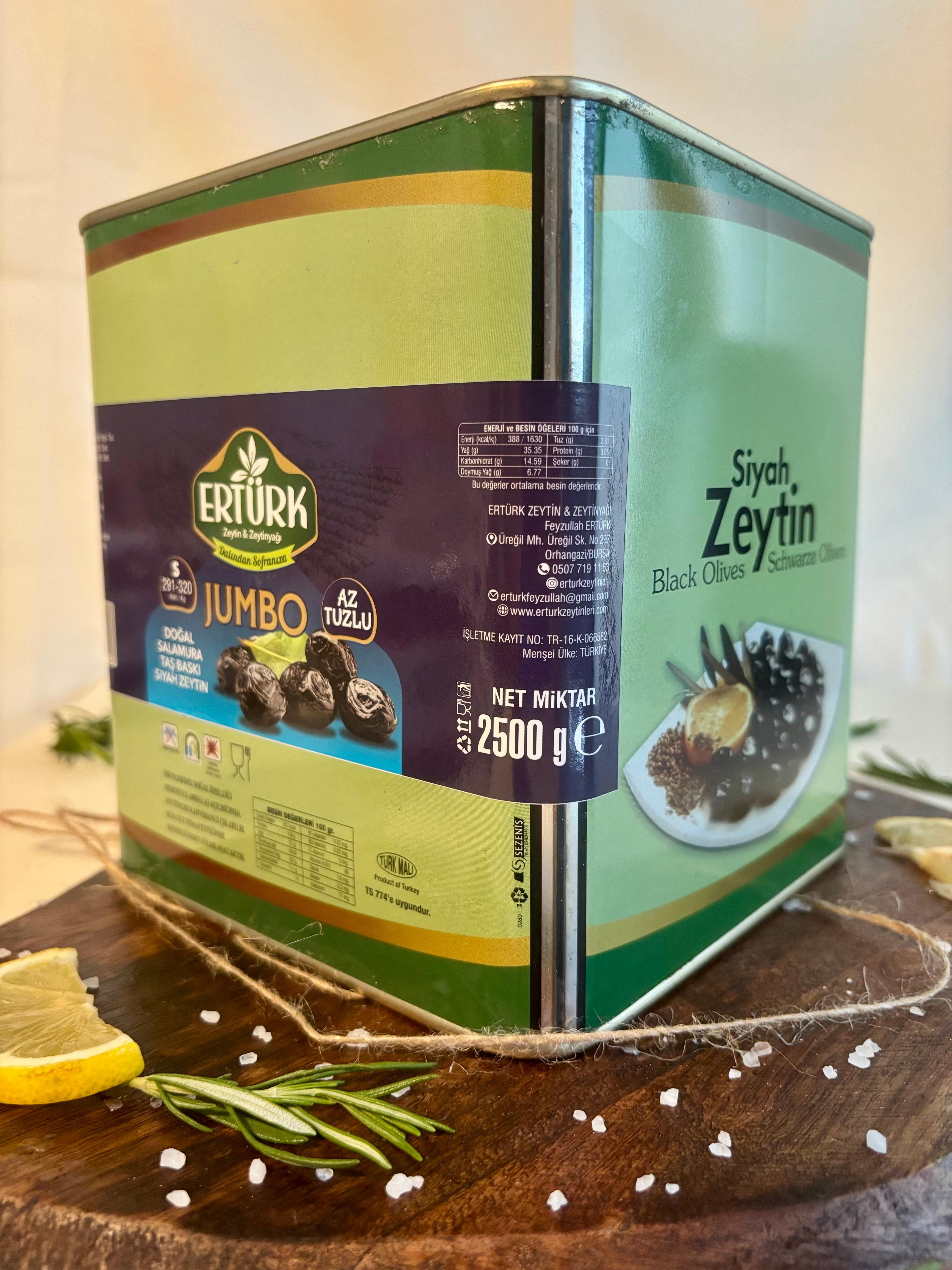 Jumbo (291-320) 2,5 Kg Teneke Ambalaj Taş Baskı Az Tuzlu Siyah Zeytin