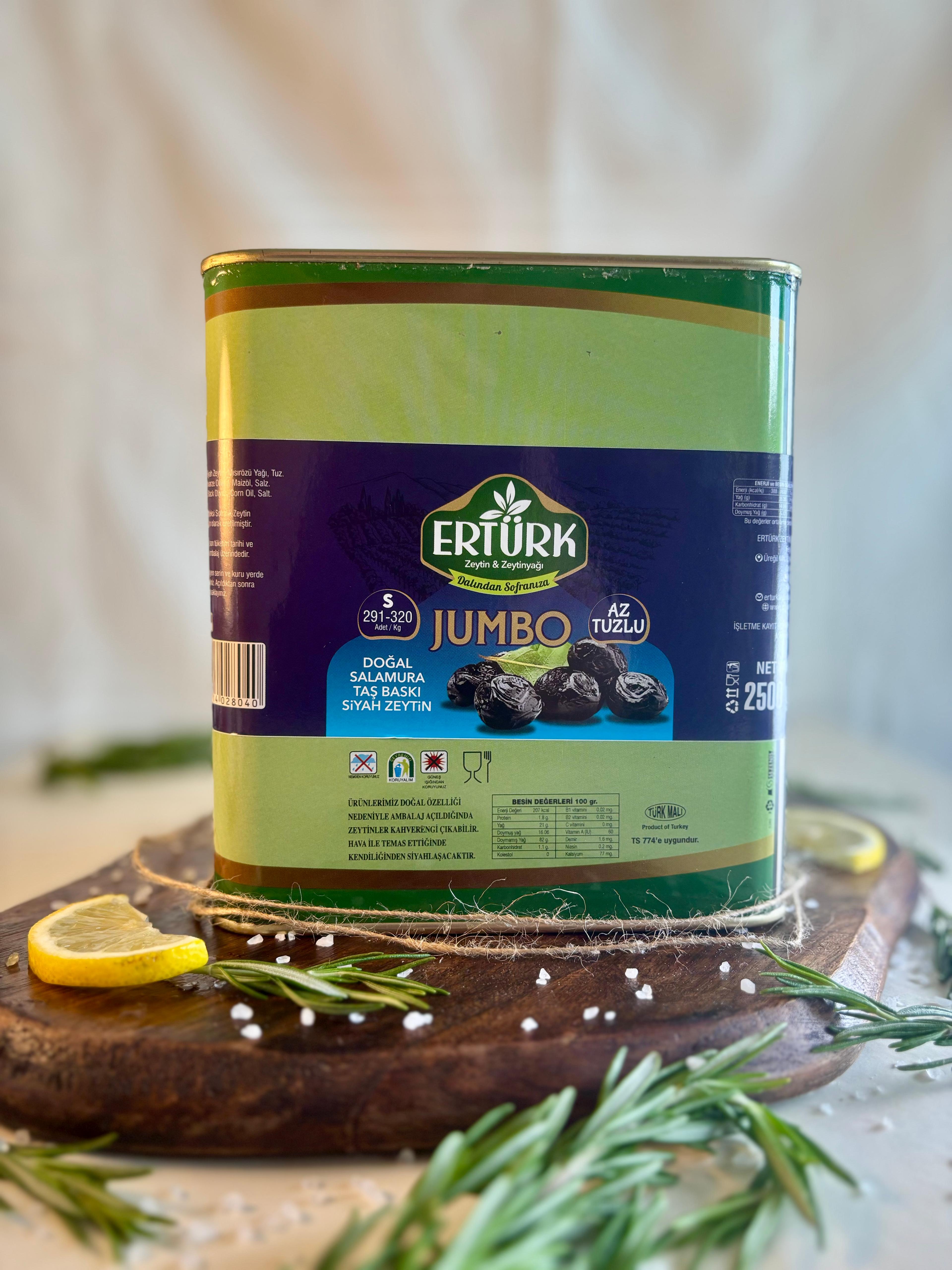 Jumbo (291-320) 2,5 Kg Teneke Ambalaj Taş Baskı Az Tuzlu Siyah Zeytin