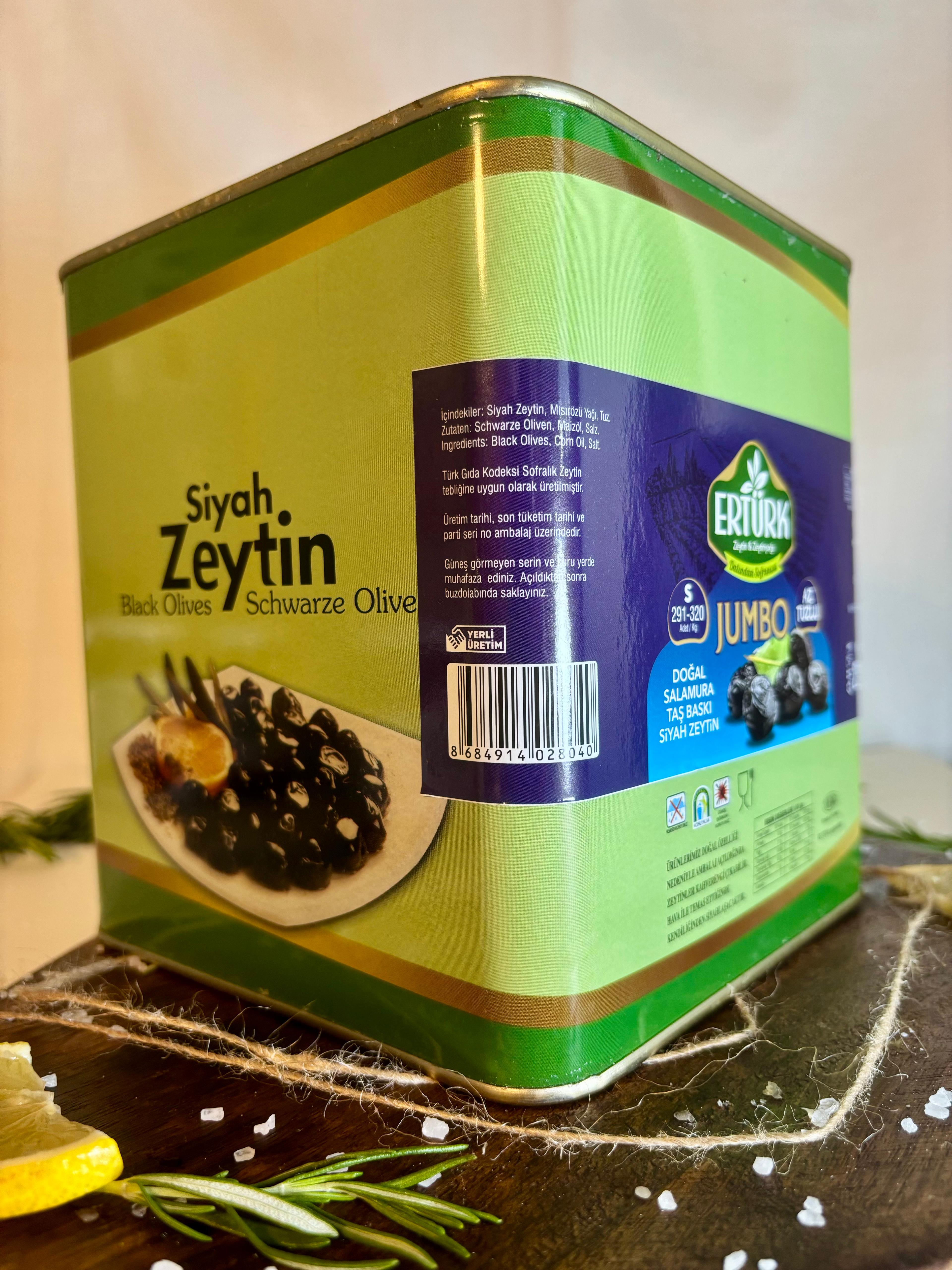 Jumbo (291-320) 2,5 Kg Teneke Ambalaj Taş Baskı Az Tuzlu Siyah Zeytin