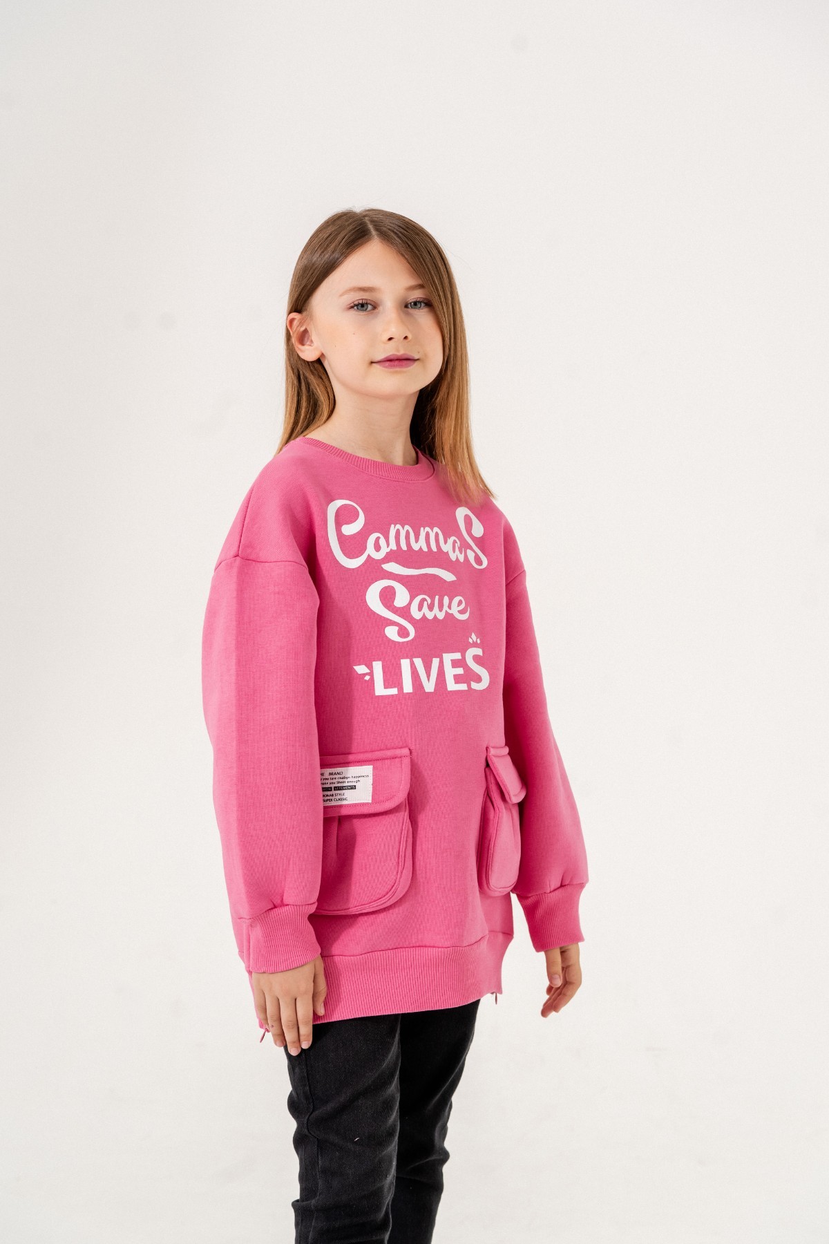 KIZ ÇOCUK CEPLİ ÖNÜNDE BASKISI OLAN  ÜÇ İPLİK SWEAT - PEMBE