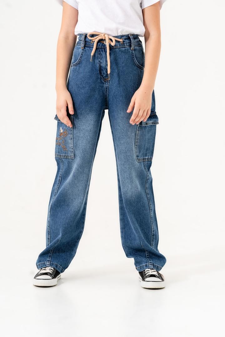 Kız Çocuk Cebi Nakışlı Beli Bağcıklı Kot Pantolon 2163