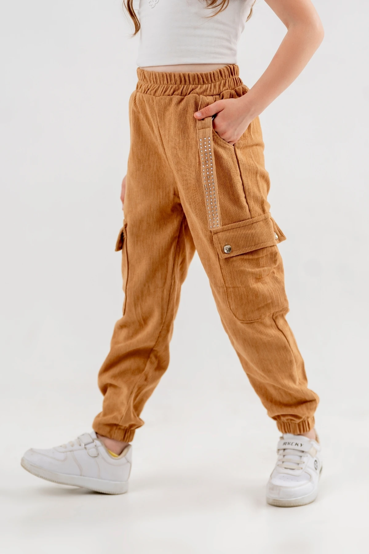 Kız Çocuk Beli ve Paçası Lastikli Kargo Cepli Pantolon 2526