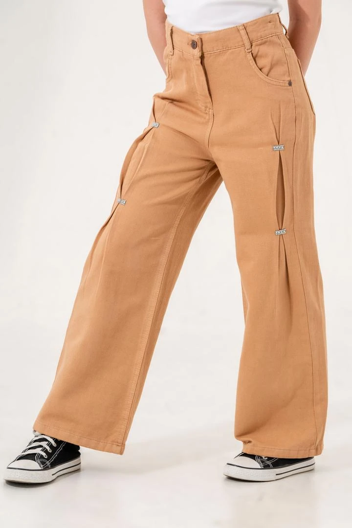 Kız Çocuk Önü Ponterezli Keten Pantolon 2555