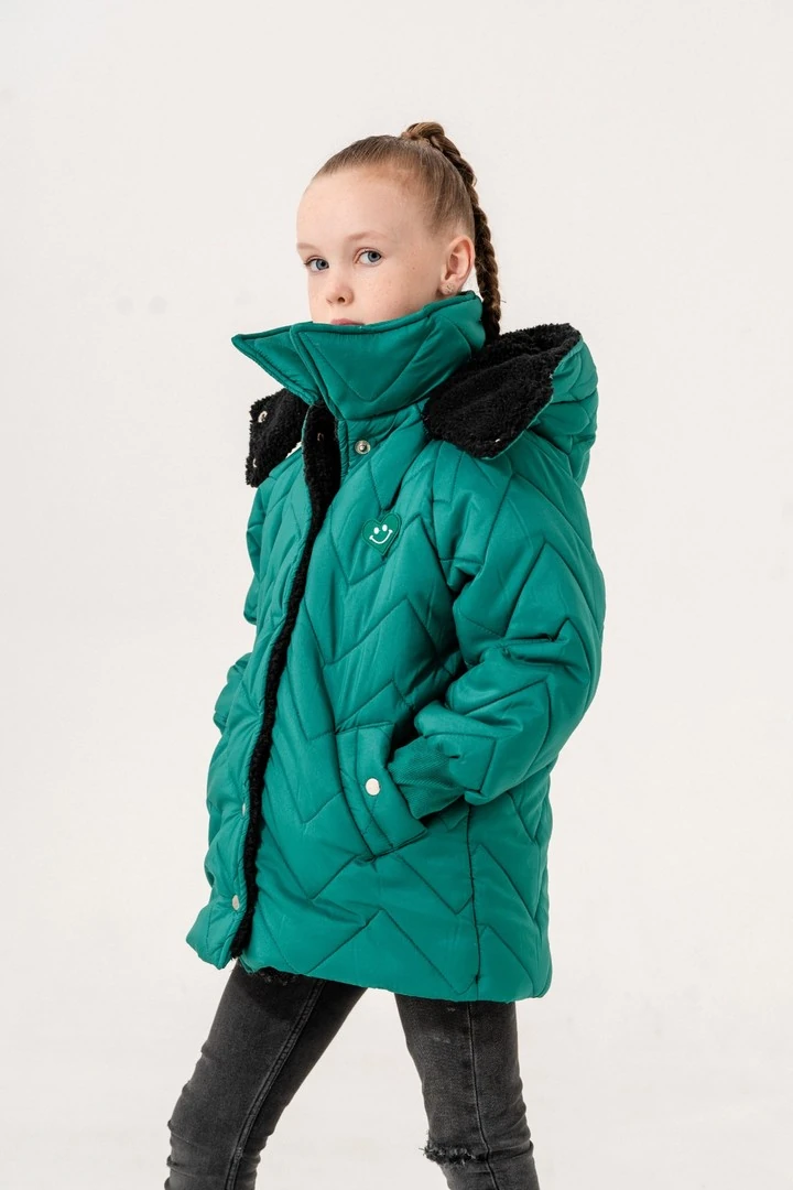 Kız Çocuk Zikzak Desenli Kapüşonlu İçi Kürklü Şişme Mont 1019