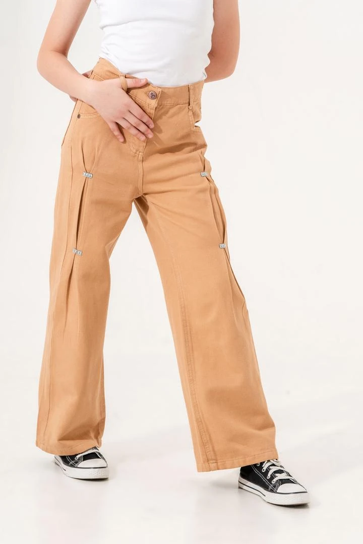 Kız Çocuk Önü Ponterezli Keten Pantolon 2555