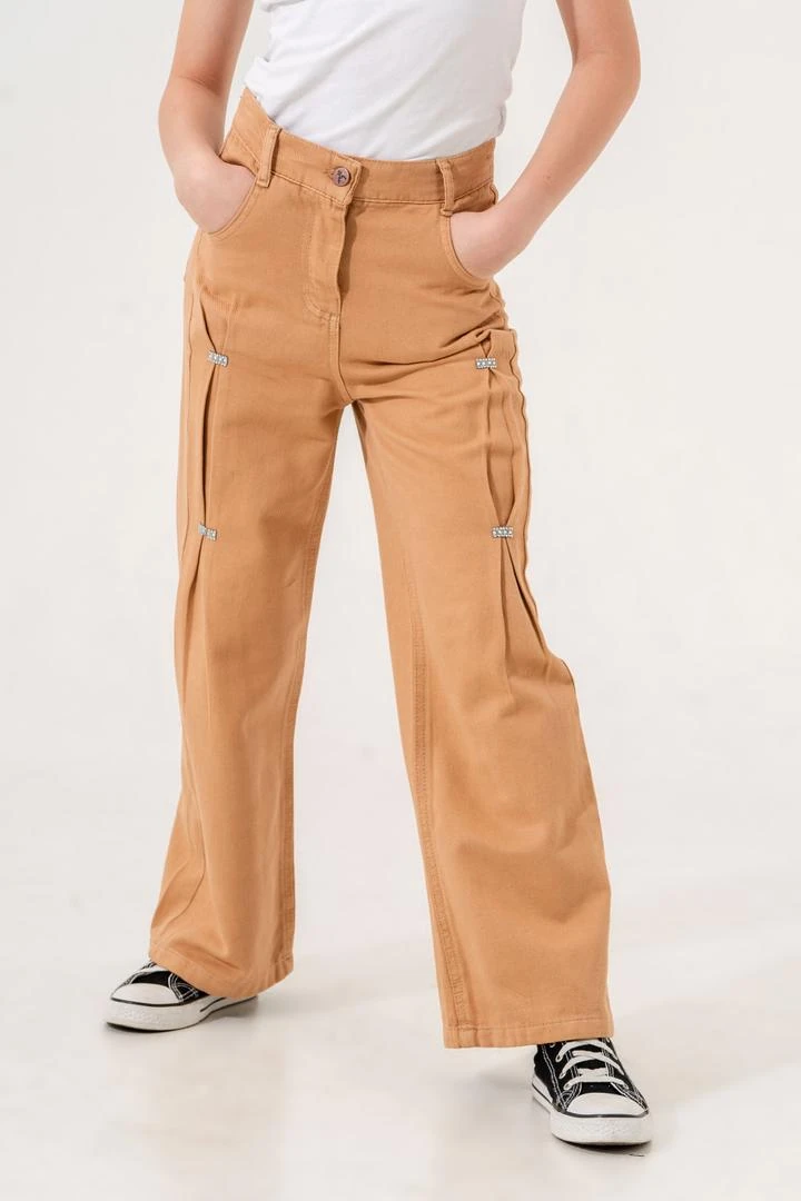 Kız Çocuk Önü Ponterezli Keten Pantolon 2555