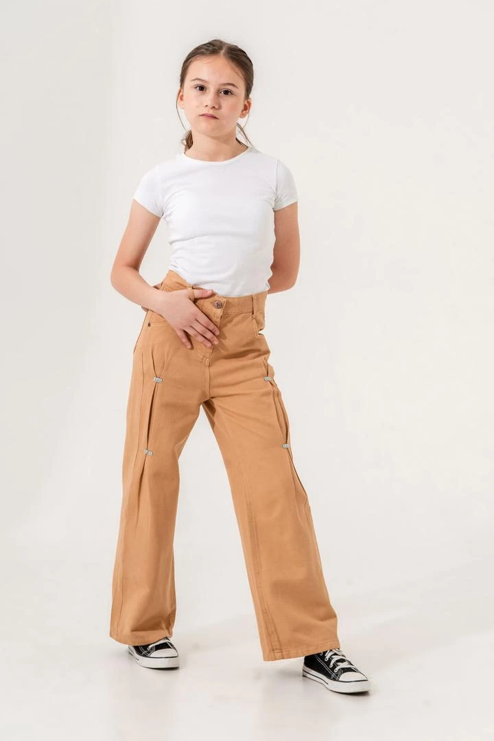 Kız Çocuk Önü Ponterezli Keten Pantolon 2555