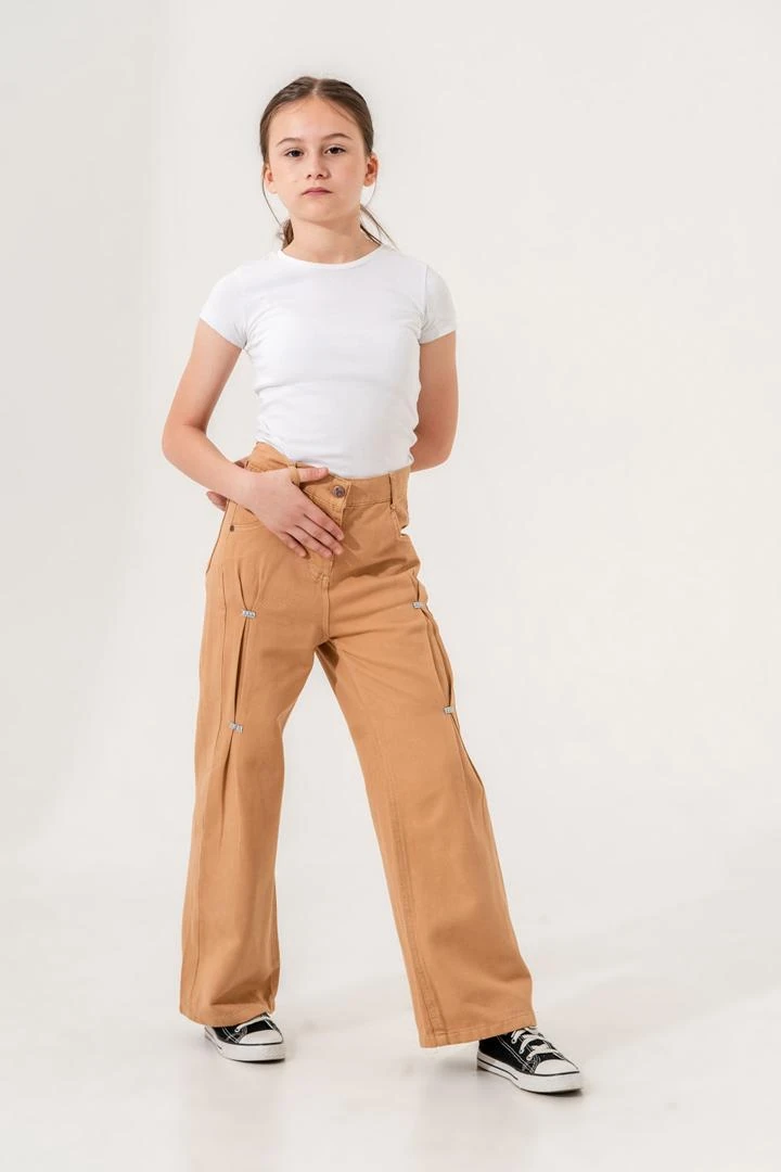 Kız Çocuk Önü Ponterezli Keten Pantolon 2555