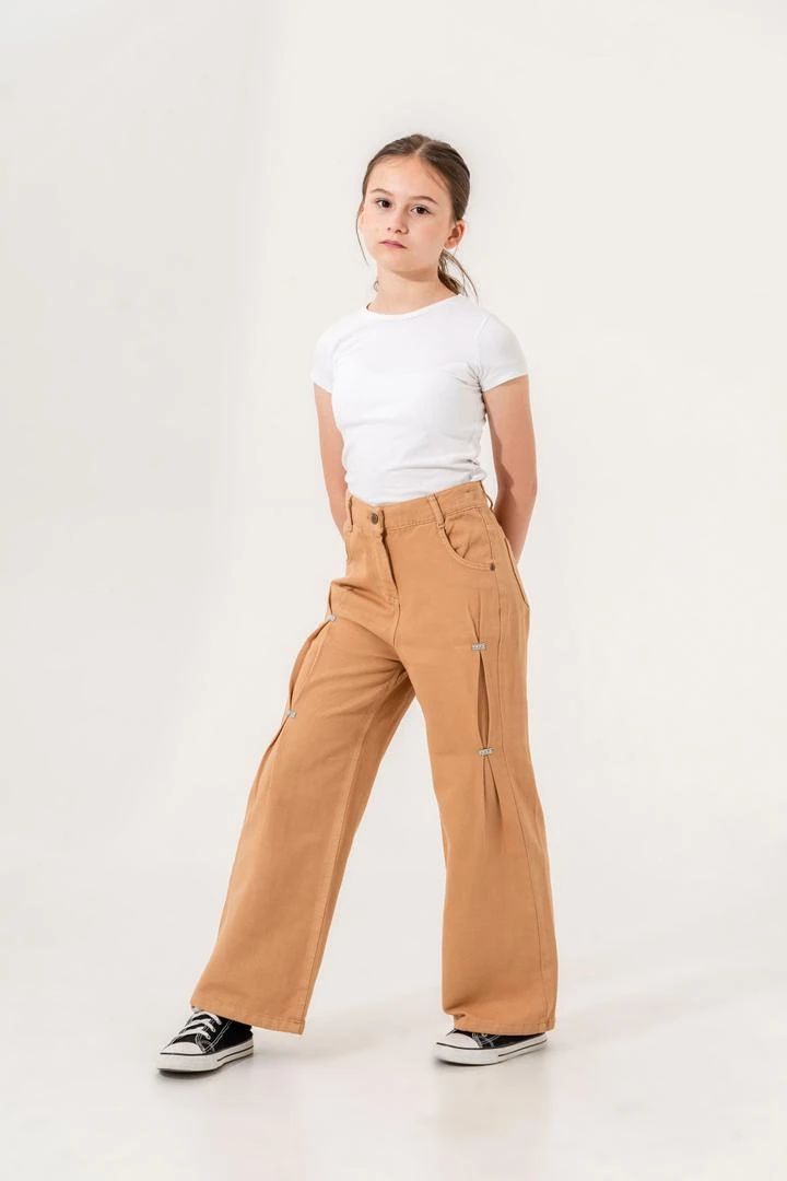 Kız Çocuk Önü Ponterezli Keten Pantolon 2555