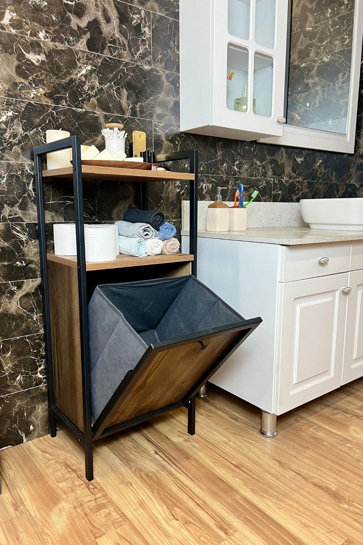 Bambu Kirli Çamaşır Sepeti 3 Raflı Ahşap Banyo Düzenleyici Sepeti Banyo Dolabı Organizer Banyo Rafı - 2 Raflı Siyah Ahşap