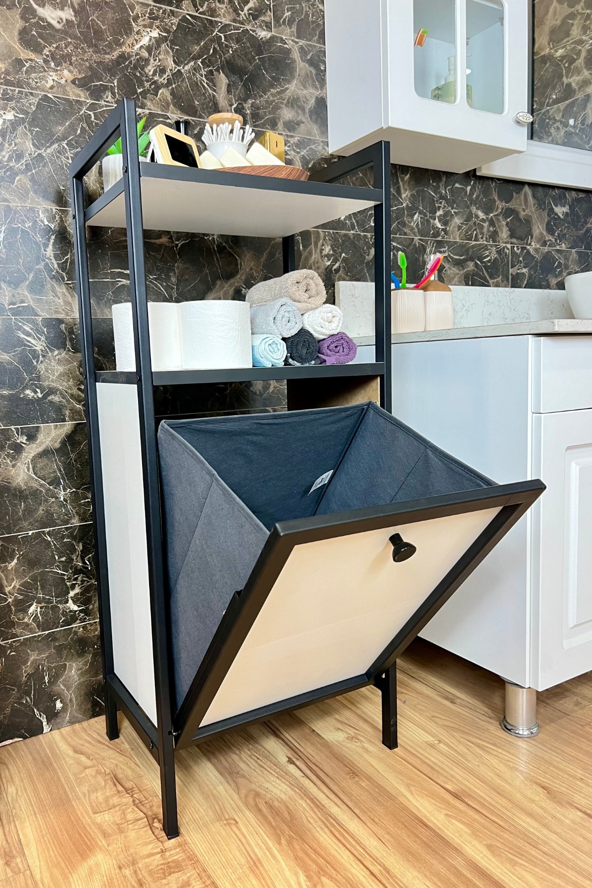 Bambu Kirli Çamaşır Sepeti 3 Raflı Ahşap Banyo Düzenleyici Sepeti Banyo Dolabı Organizer Banyo Rafı - 2 Raflı Siyah Beyaz