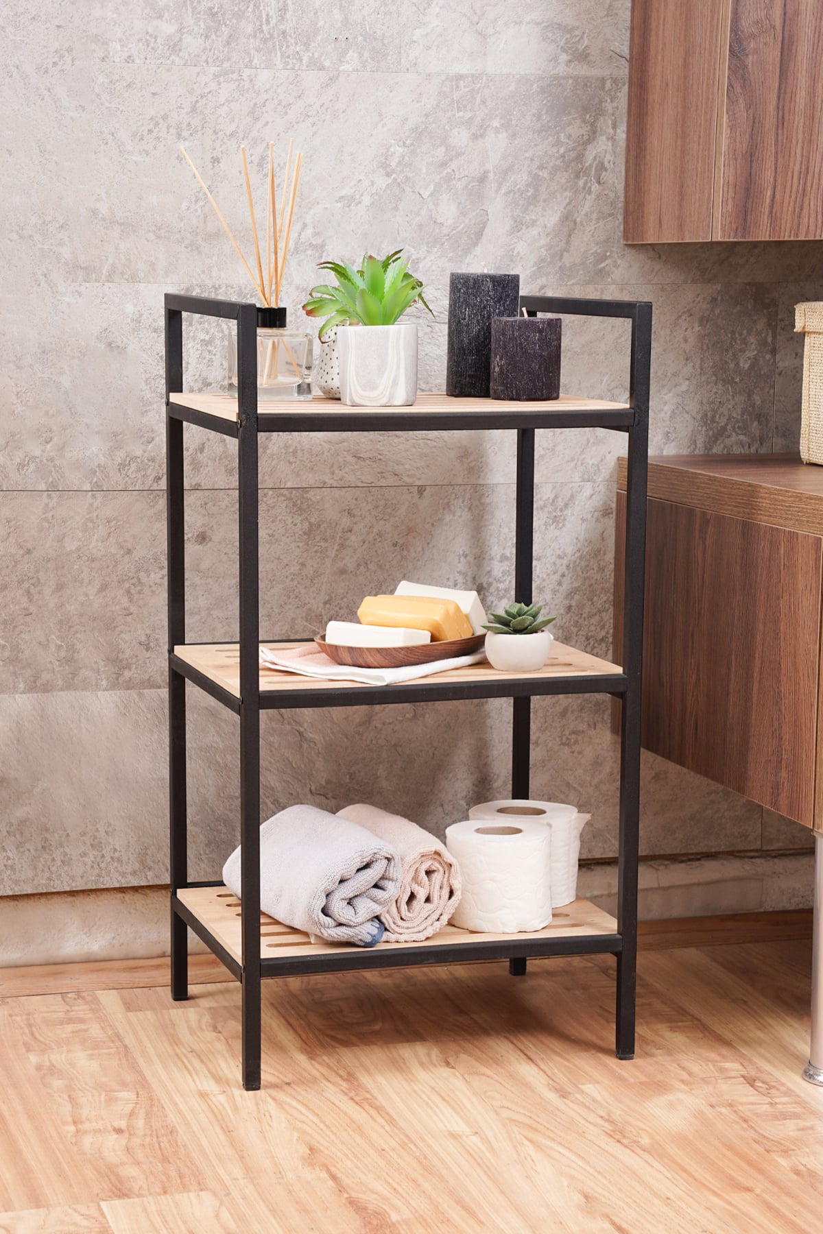 Çok Amaçlı Banyo Düzenleyici 3 Raflı Banyo Mutfak Rafı Metal Ahşap Paslanmaz Raf