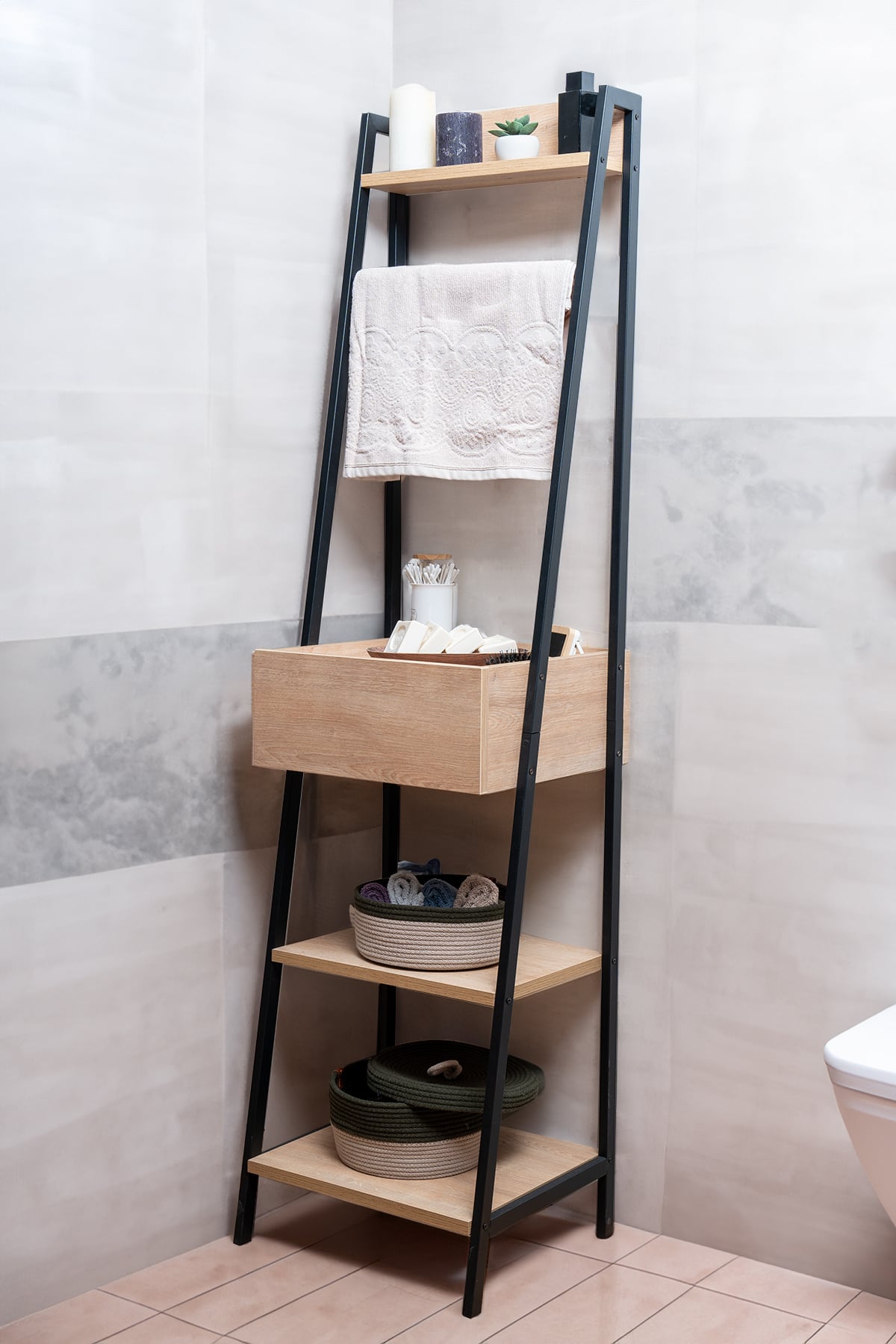 Çok Amaçlı Çekmeceli Metal-Ahşap Banyo Dolabı
