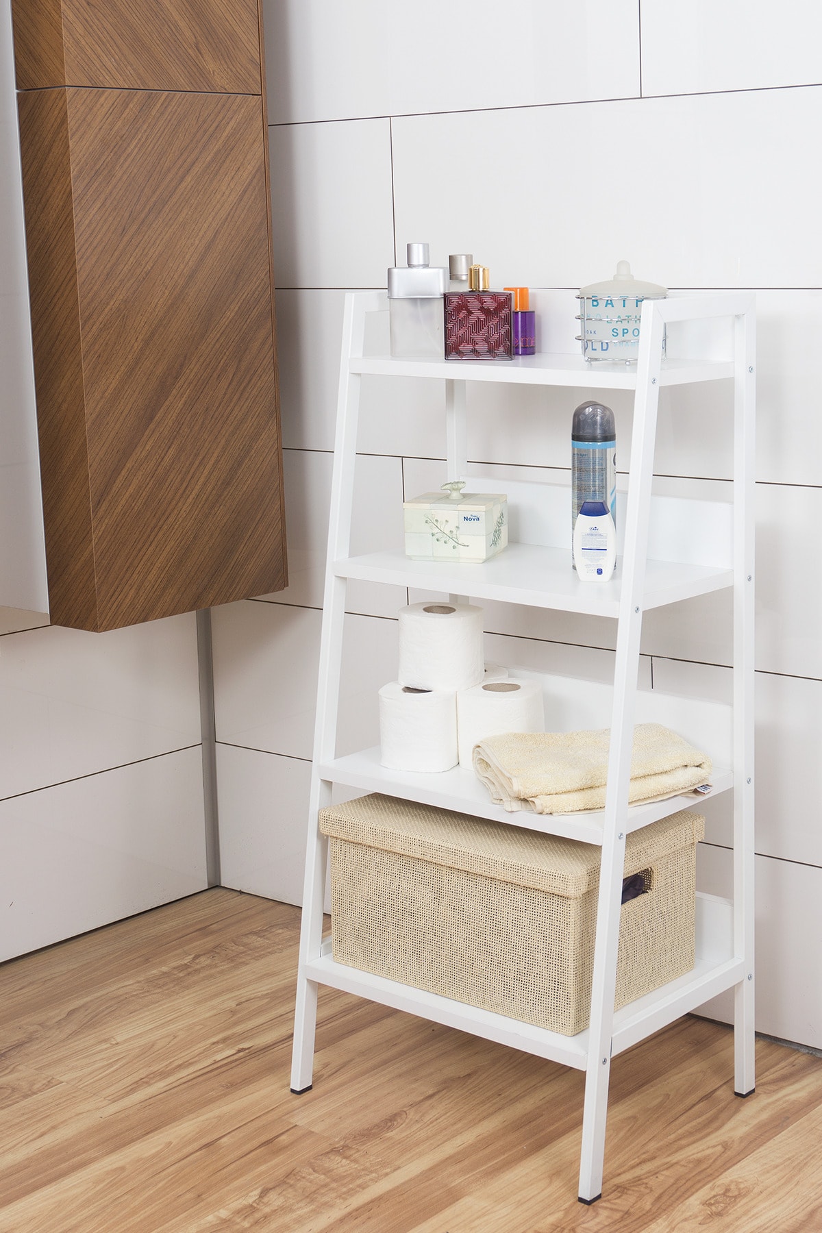 Çok Amaçlı Banyo Düzenleyici Raf 4 Katlı Konik Banyo Rafı Metal Ahşap Düzenleyici Açık Dolap