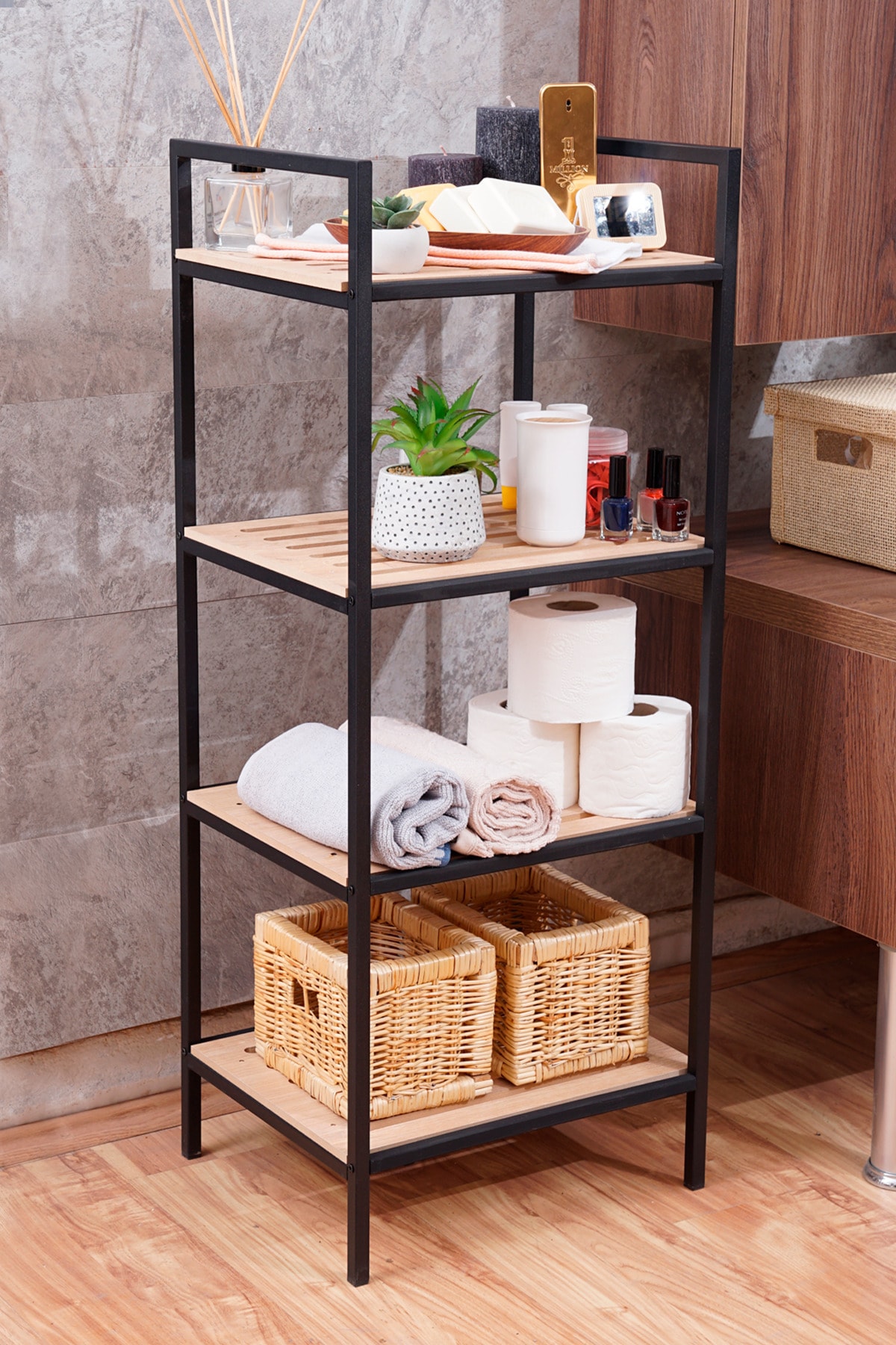 Ahşap Banyo Dolabı Havluluk Sabunluk Sergen Banyo Mutfak Salon Dekoratif Açık Dolap 4 Bölmeli Raf