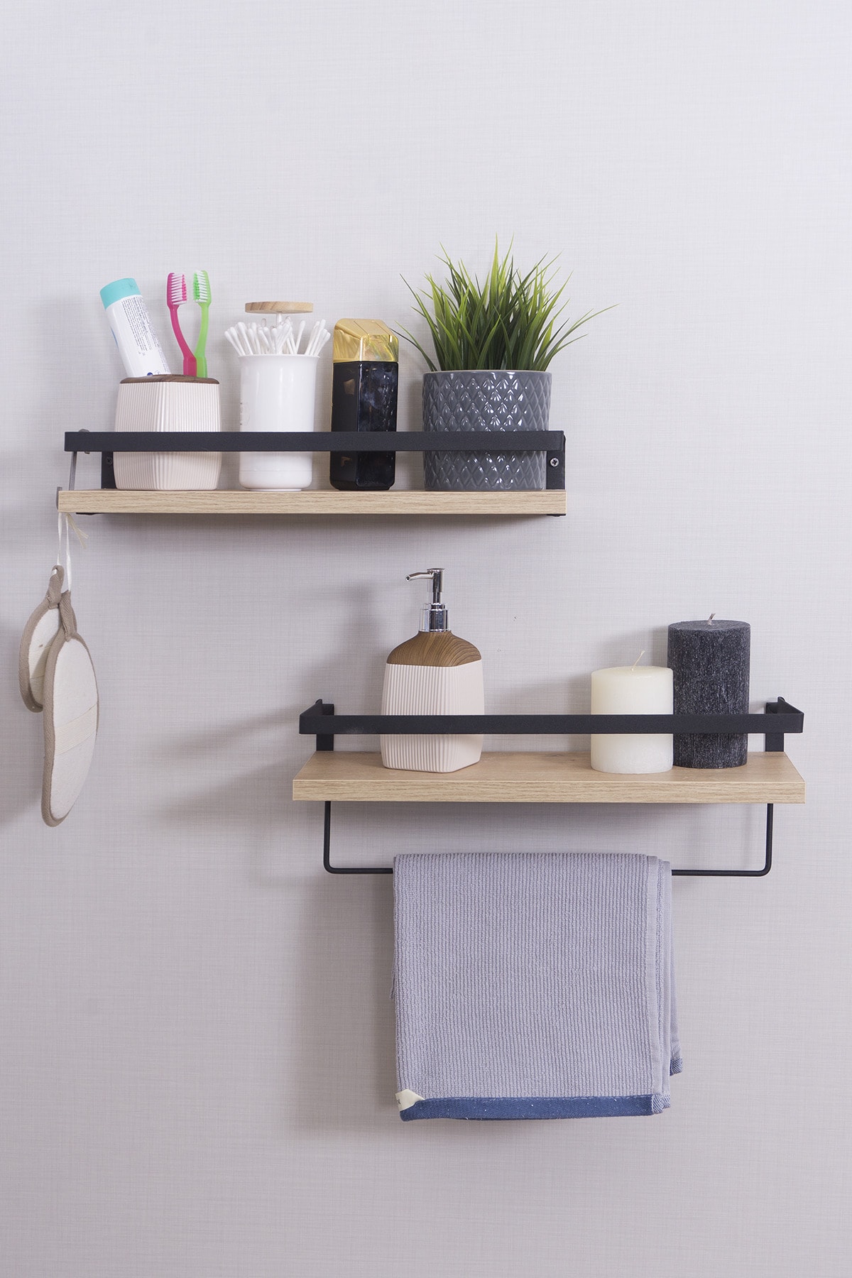 2'li Banyo Rafı Havluluk Dekoratif Banyo Düzenleyici Çok Amaçlı Sabunluk Raf - siyah-ahşap