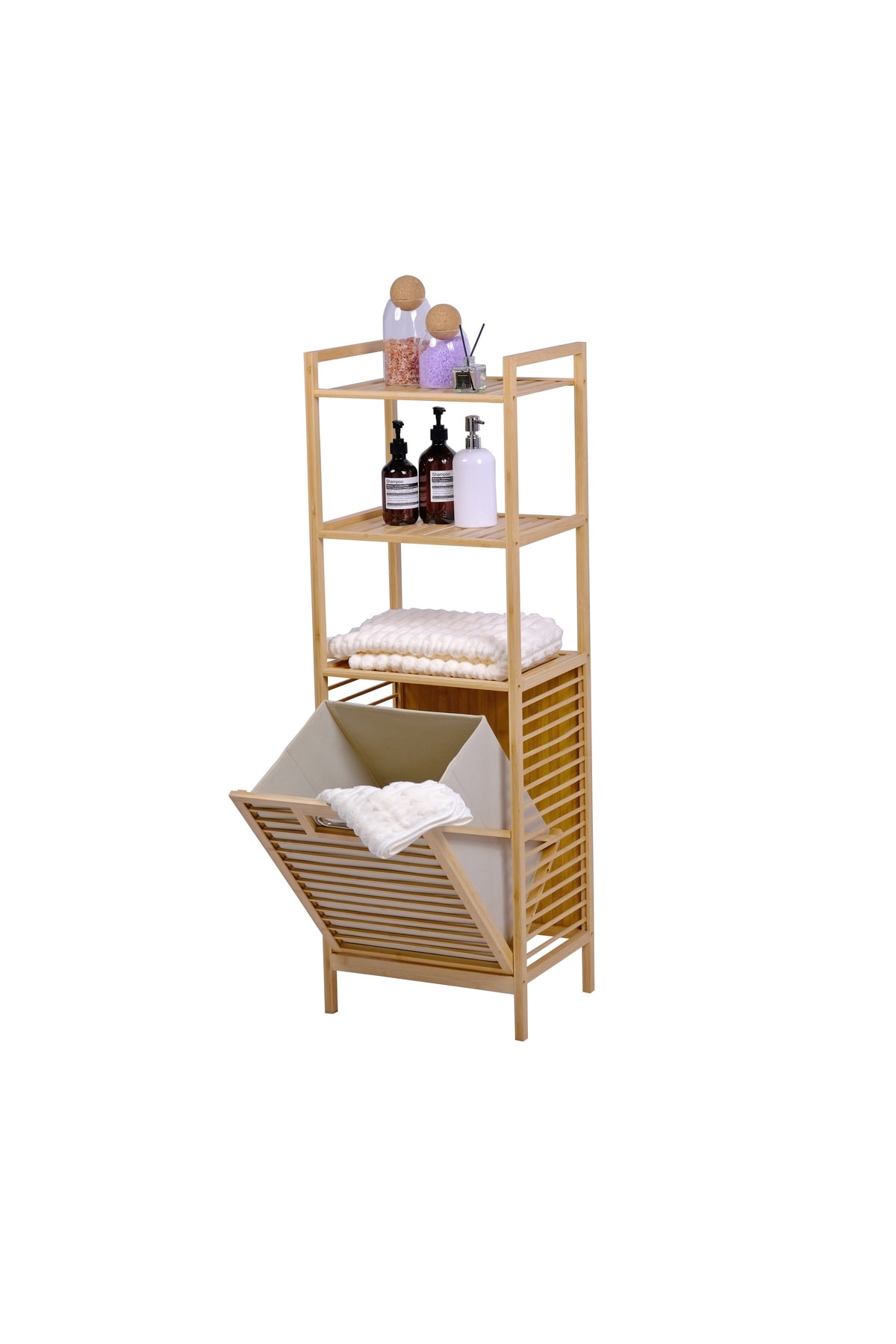 Bambu Kirli Çamaşır Sepeti 3 Raflı Ahşap Banyo Düzenleyici Sepeti Banyo Dolabı Organizer Banyo Rafı