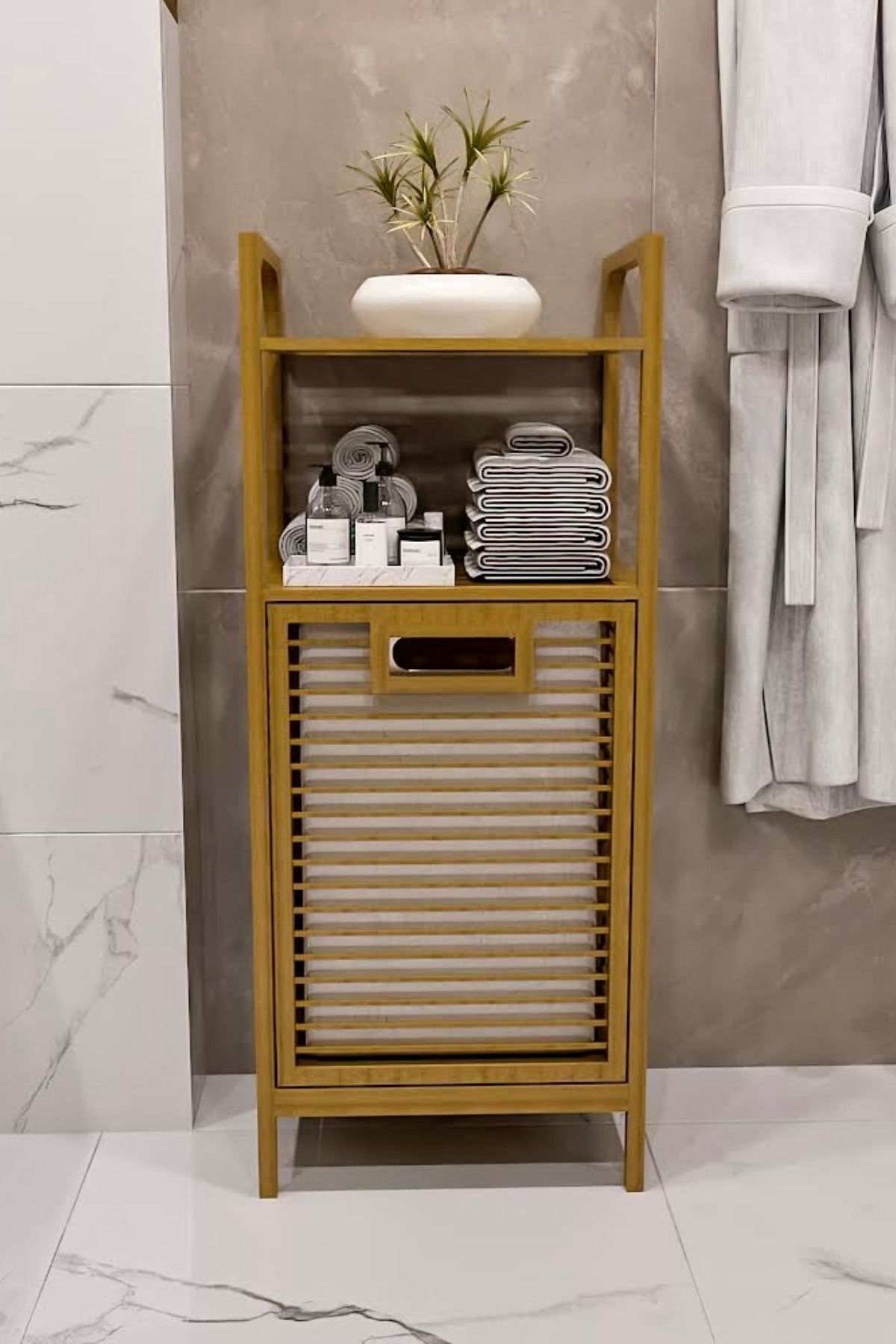Çamaşır Sepetli Bambu Banyo Düzenleyici Raf 2 Raflı Kirli Sepeti Banyo Mutfak Rafı Doğal Ahşap Raf