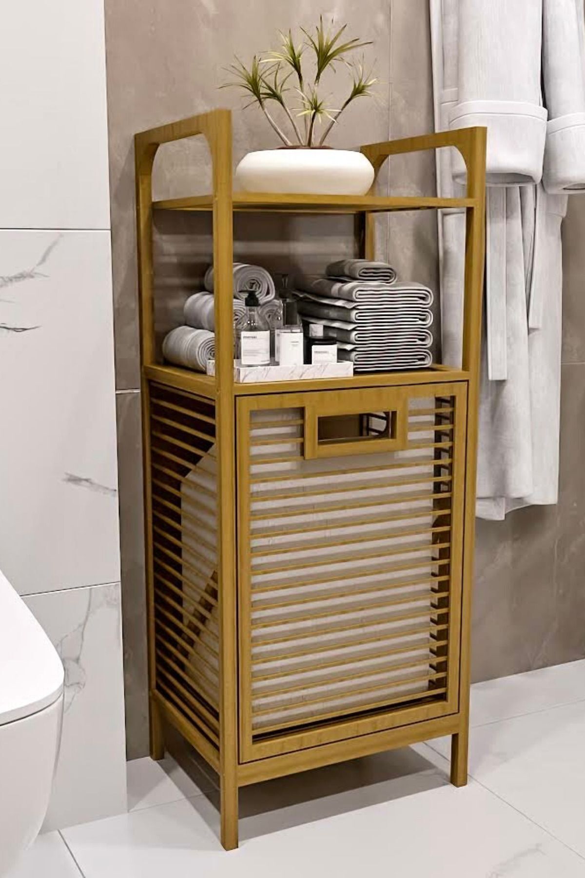 Çamaşır Sepetli Bambu Banyo Düzenleyici Raf 2 Raflı Kirli Sepeti Banyo Mutfak Rafı Doğal Ahşap Raf