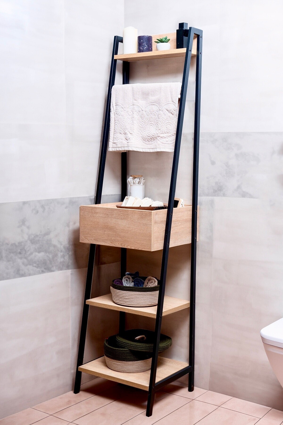 Çok Amaçlı Çekmeceli Metal-Ahşap Banyo Dolabı
