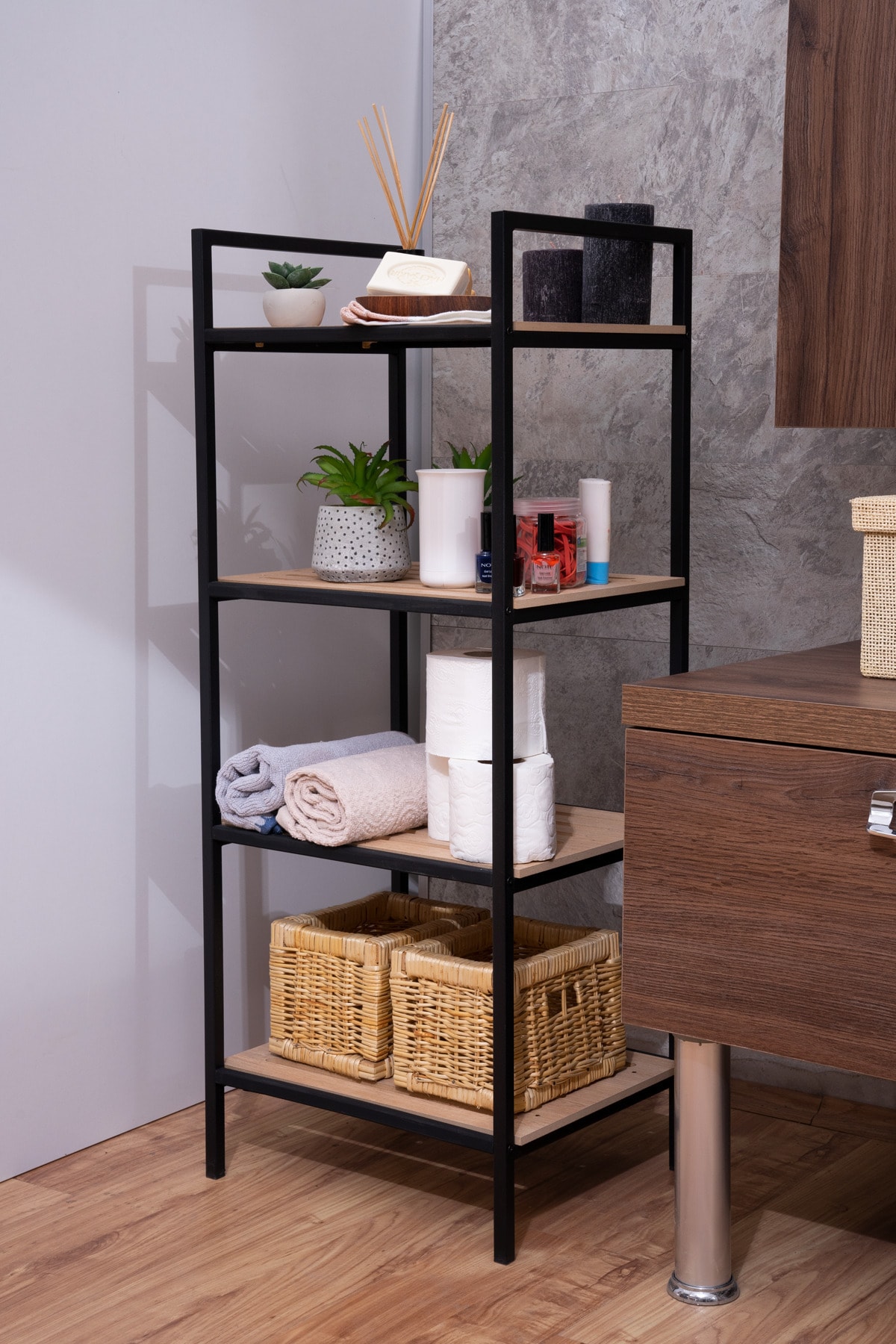 Ahşap Banyo Dolabı Havluluk Sabunluk Sergen Banyo Mutfak Salon Dekoratif Açık Dolap 4 Bölmeli Raf