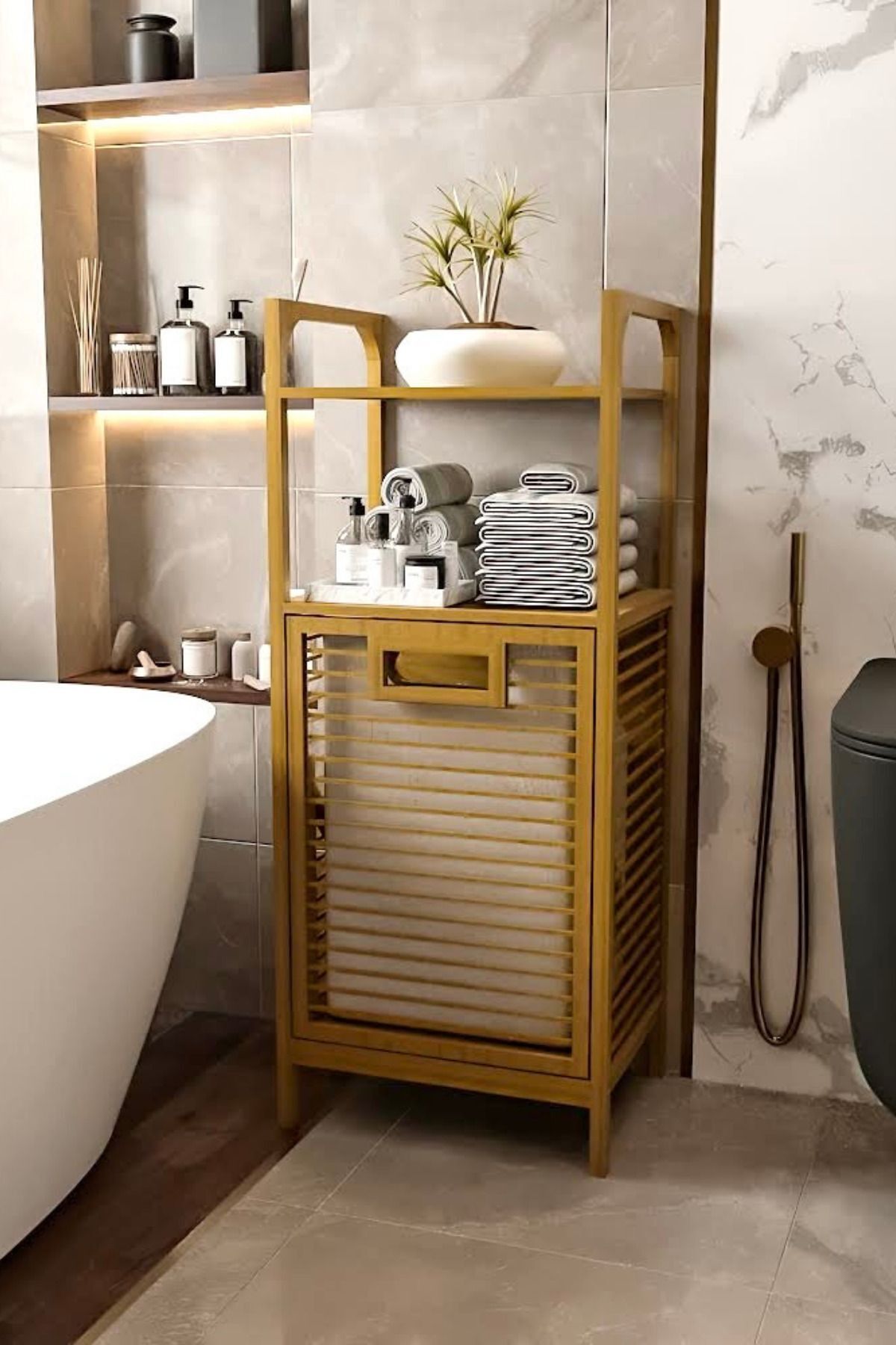 Çamaşır Sepetli Bambu Banyo Düzenleyici Raf 2 Raflı Kirli Sepeti Banyo Mutfak Rafı Doğal Ahşap Raf
