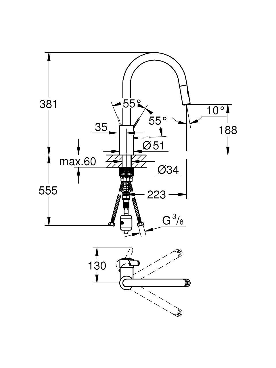 Grohe Eviye Bataryası Spiralli 2 Fonk. Eurocosmo Krom- 31481001