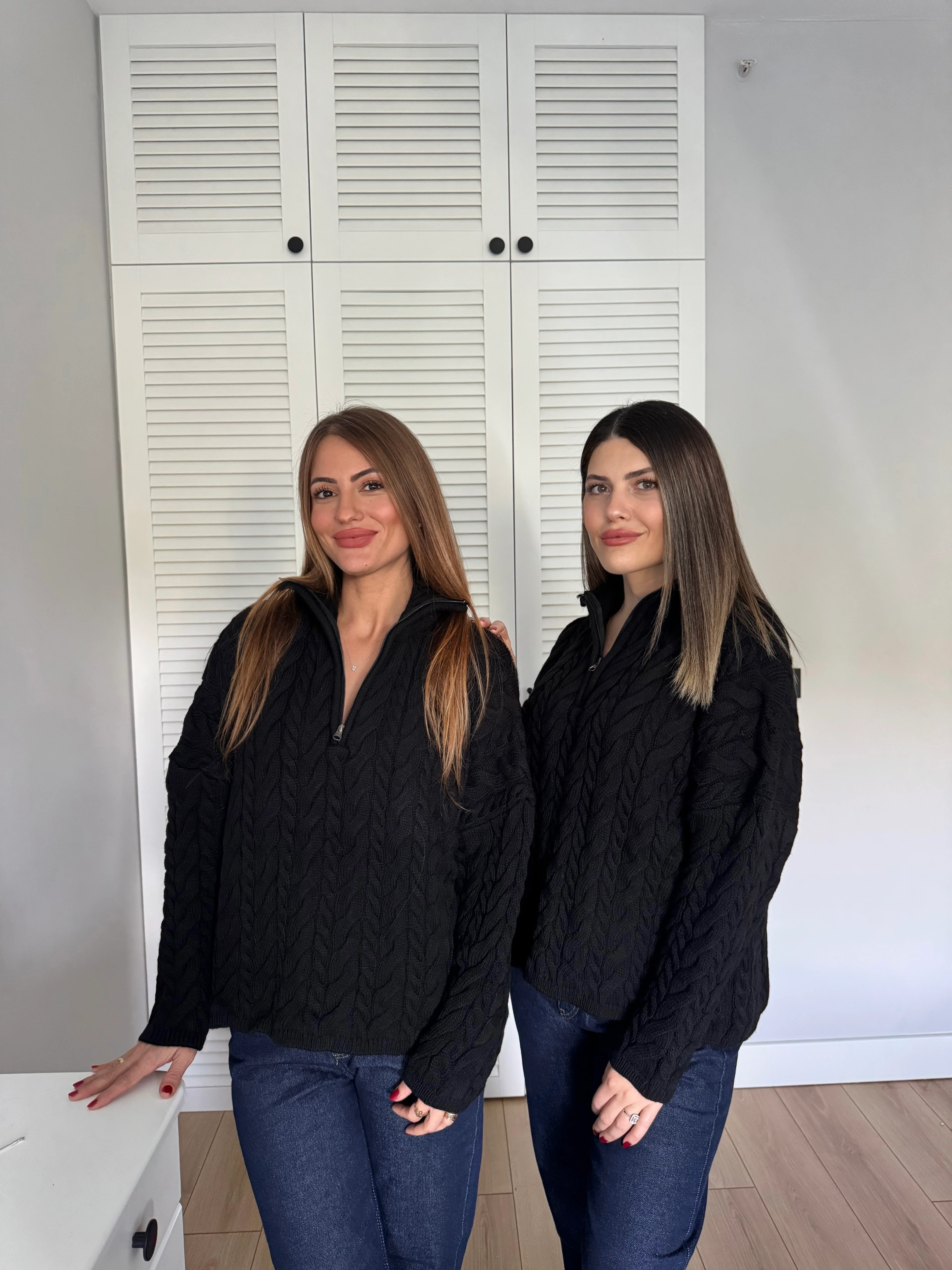 Yakası Fermuarlı Saç Örgü Kazak - Siyah