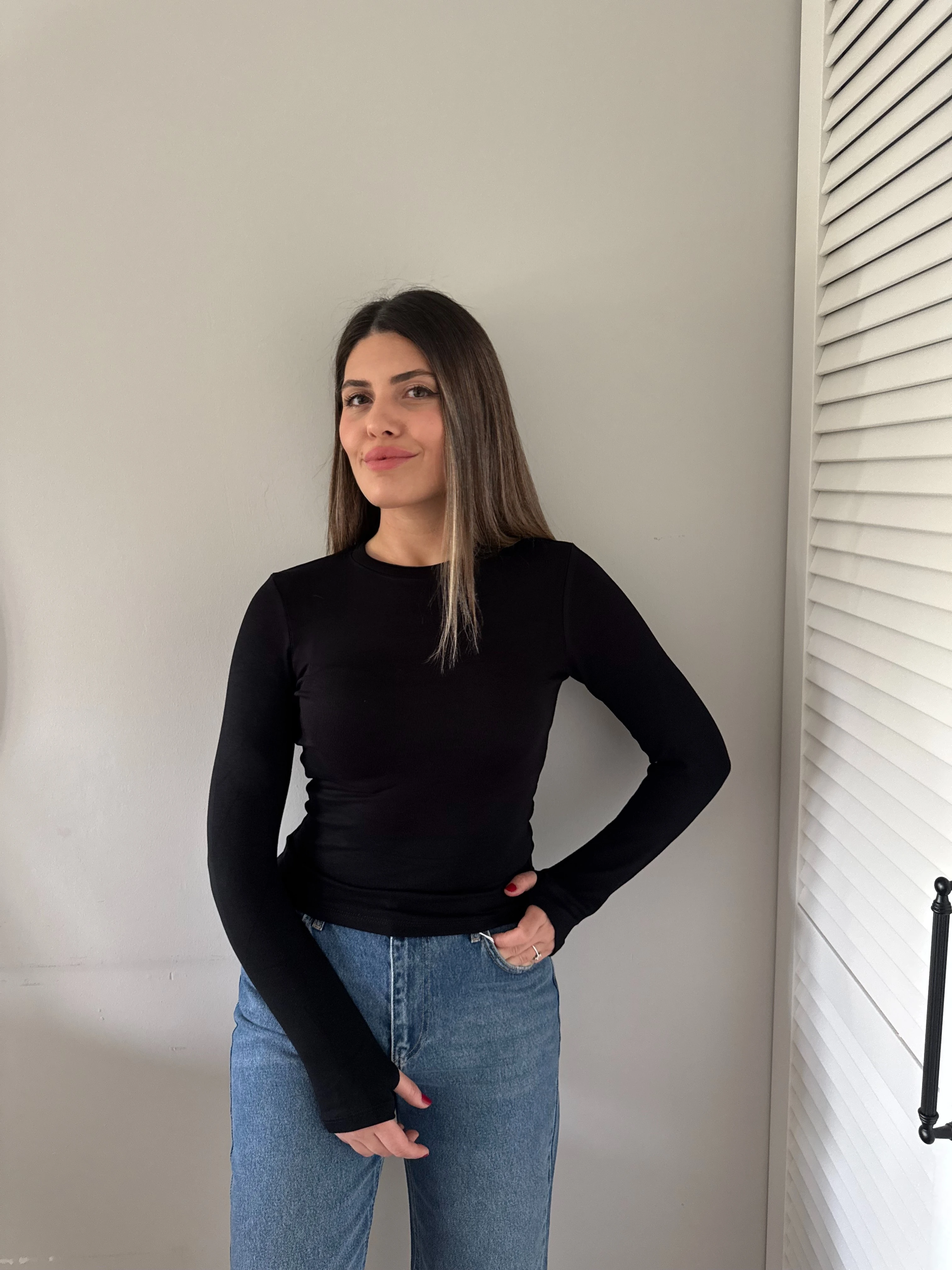 Kaşmir Dokulu Parmak Geçmeli Bluz - Siyah