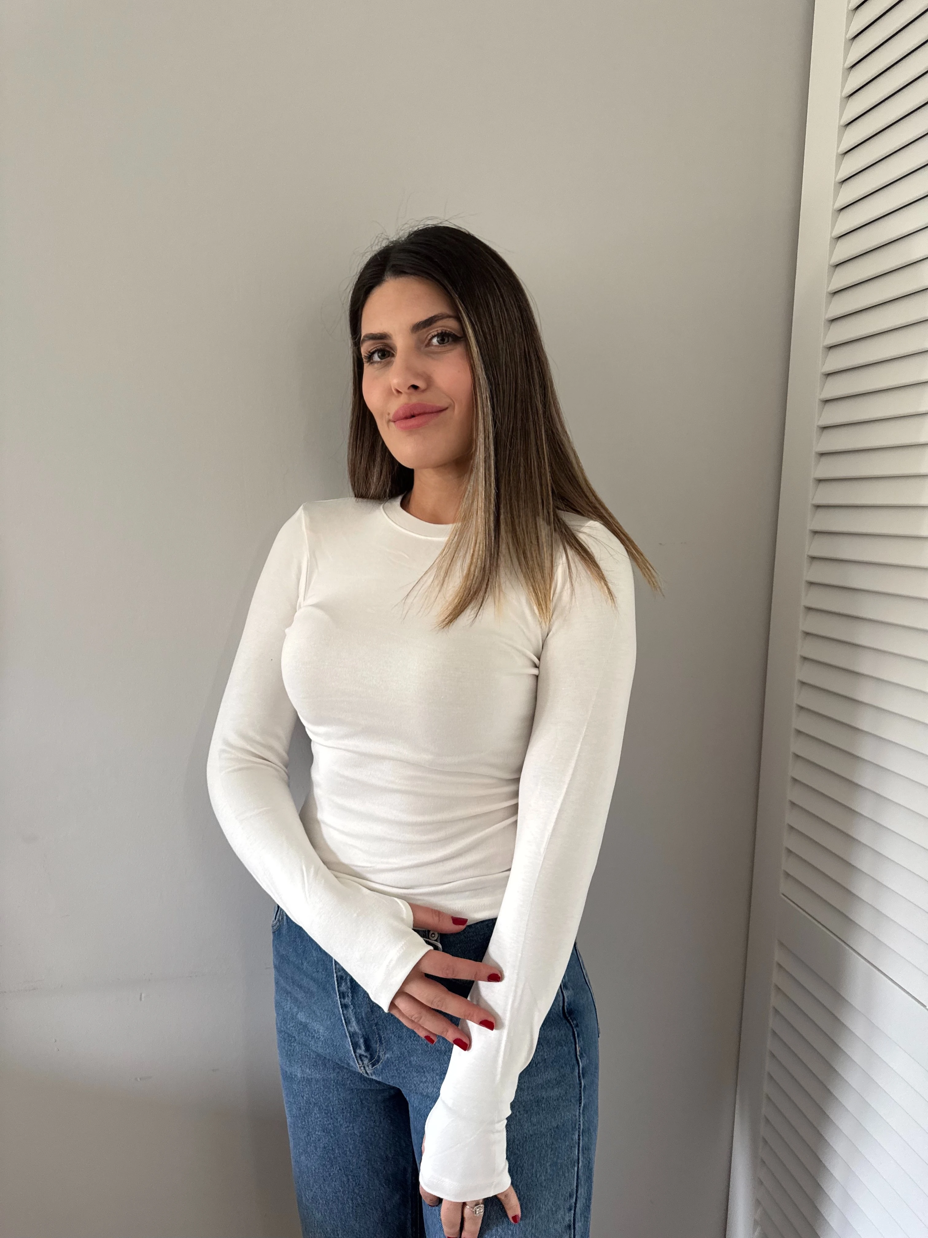 Kaşmir Dokulu Parmak Geçmeli Bluz - Beyaz