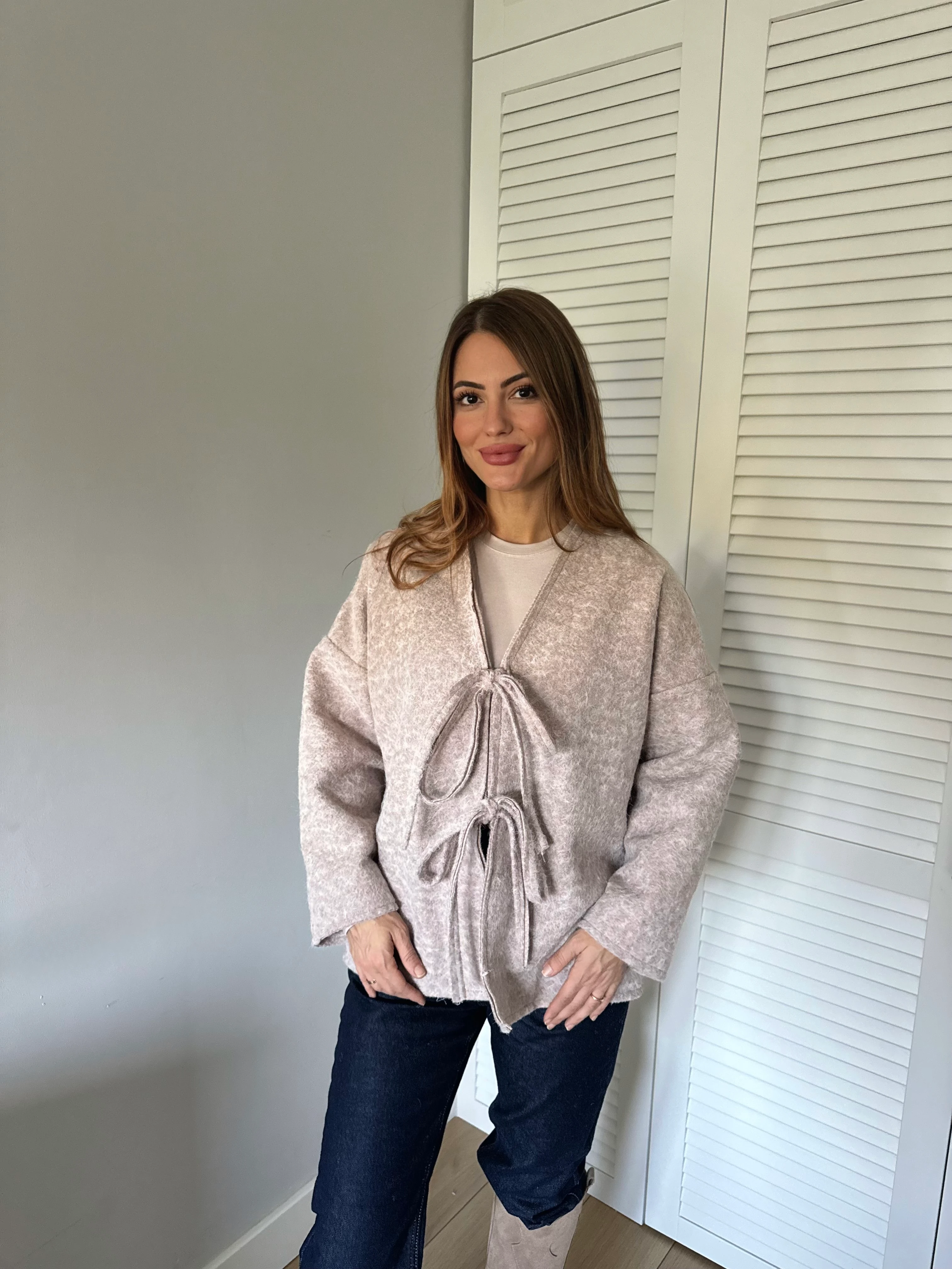 Bağcıklı Astarlı Oversize Kaşe Panço - Bej