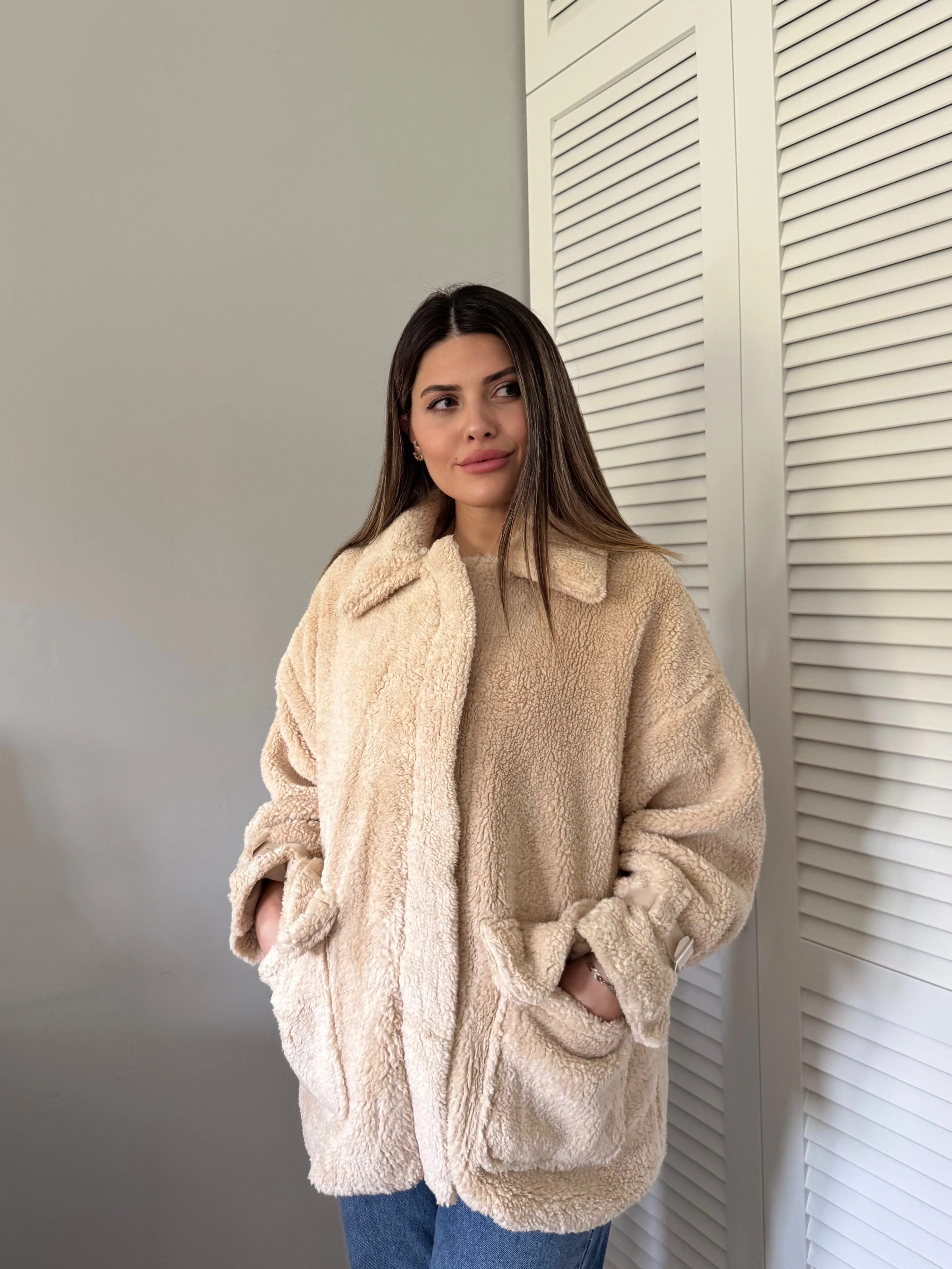 Oversize Peluş Mont - Krem