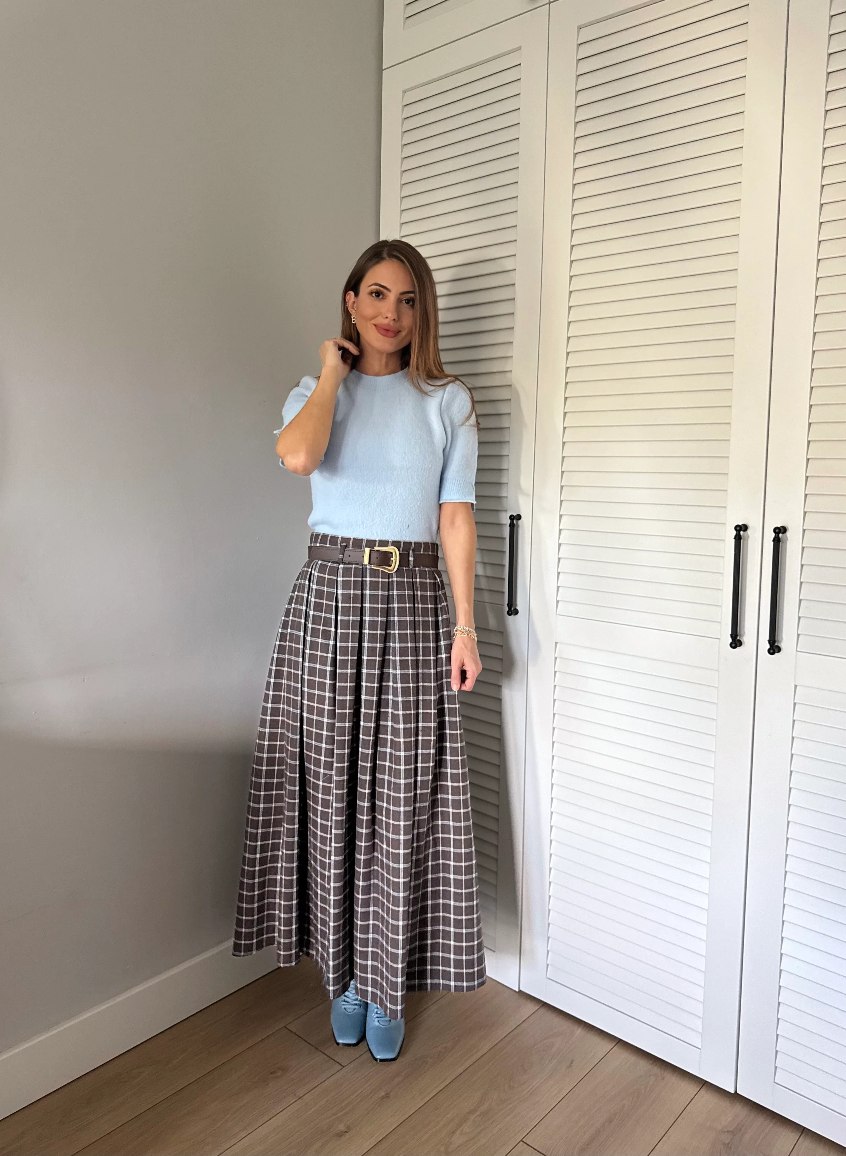 Kahverengi Çizgi Detaylı Ekose Desen Etek