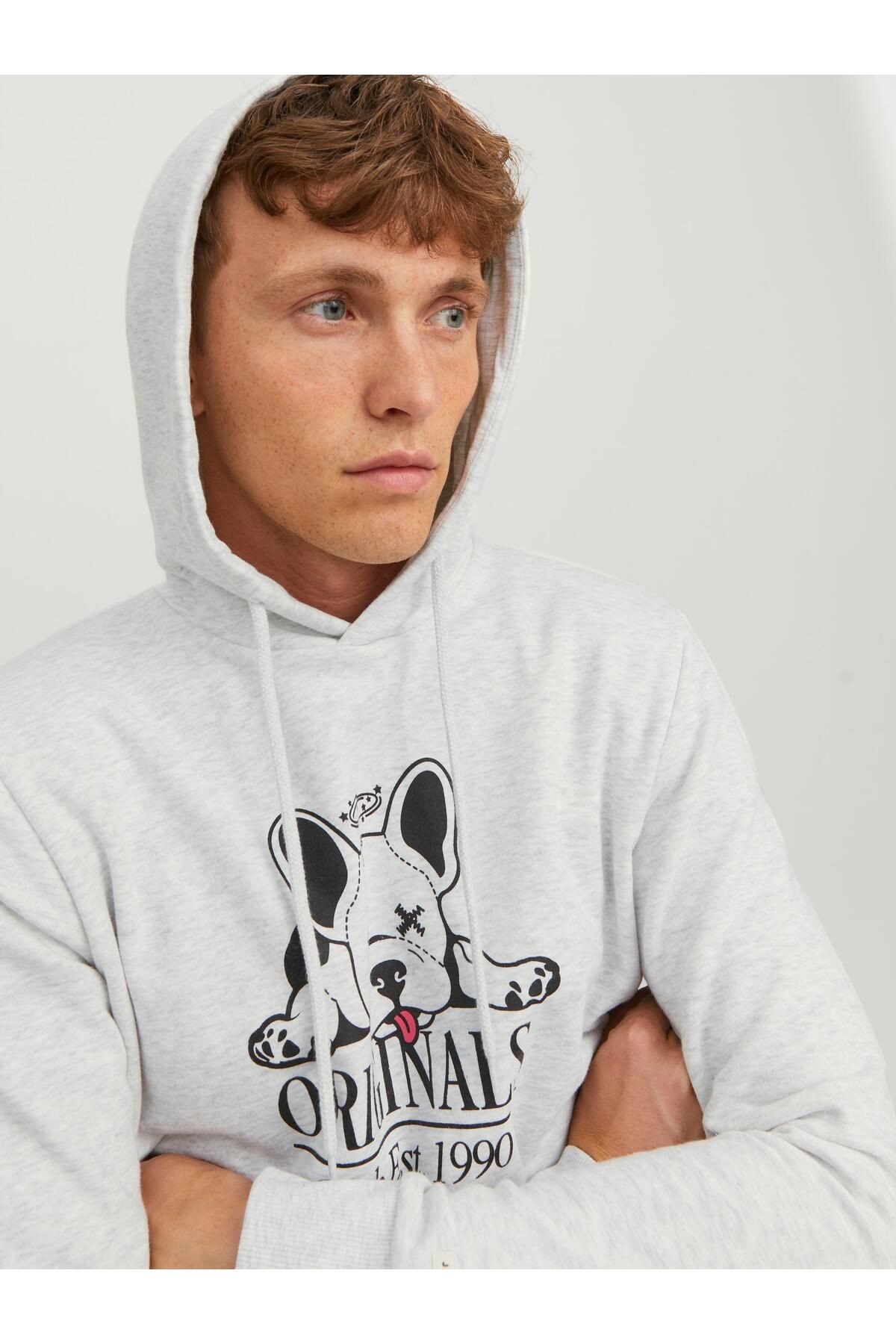 Jack & Jones Erkek Beware Baskılı Kapüşonlu Sweatshirt Beyaz