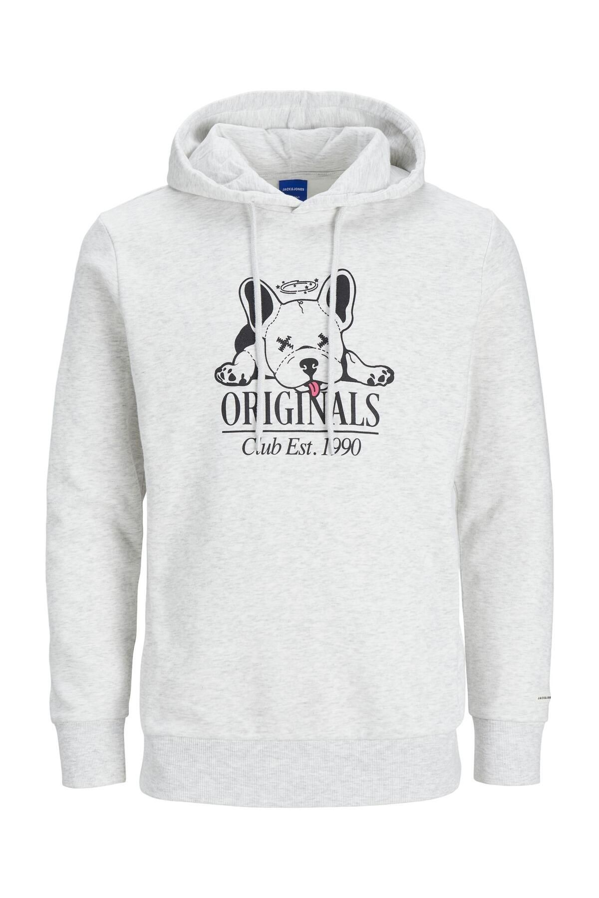 Jack & Jones Erkek Beware Baskılı Kapüşonlu Sweatshirt Beyaz
