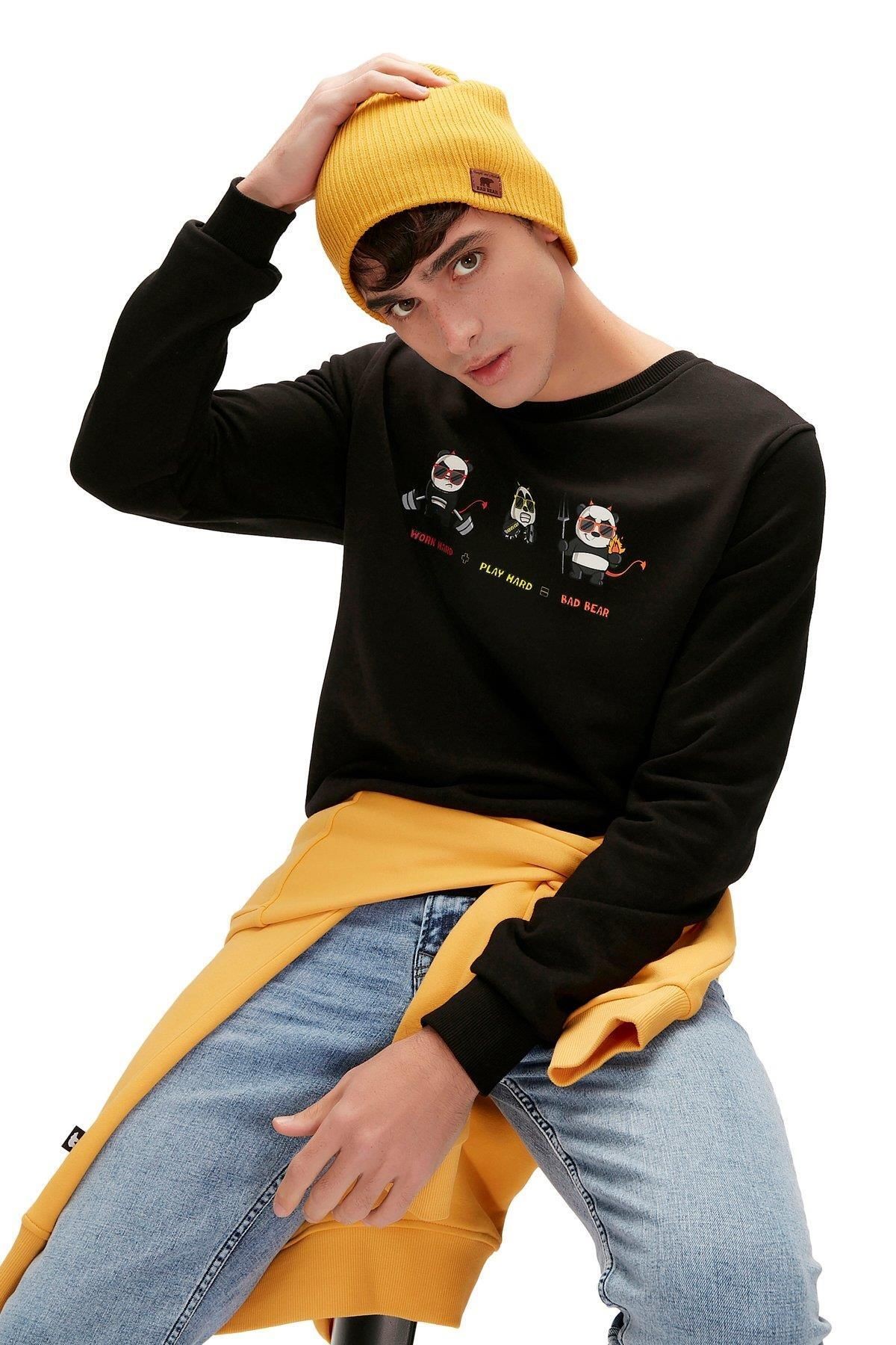 Bad Bear Play Hard Crewneck Siyah Baskılı Erkek Sweatshirt