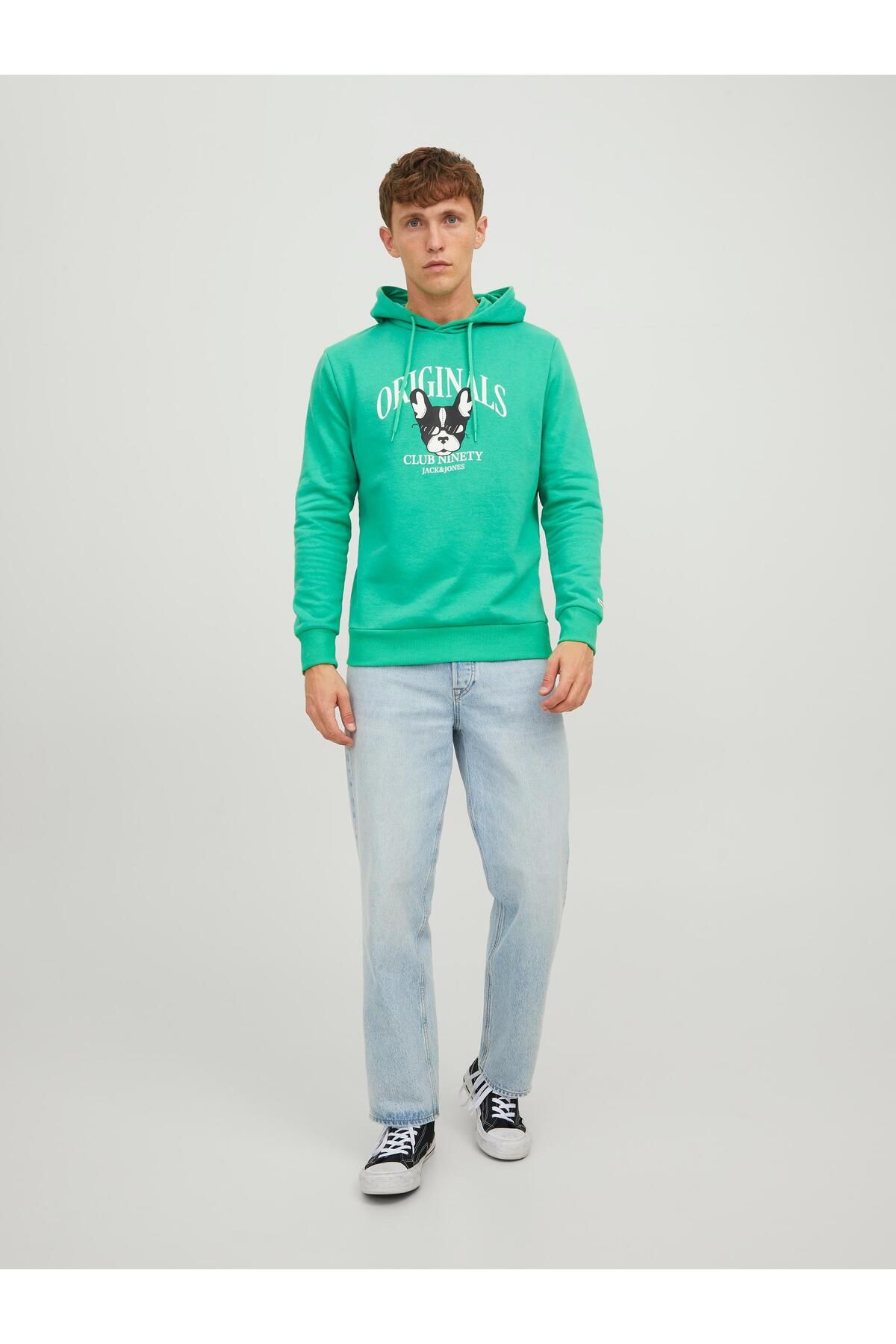 Jack & Jones Erkek Beware Baskılı Kapüşonlu Sweatshirt 12244219 Yeşil