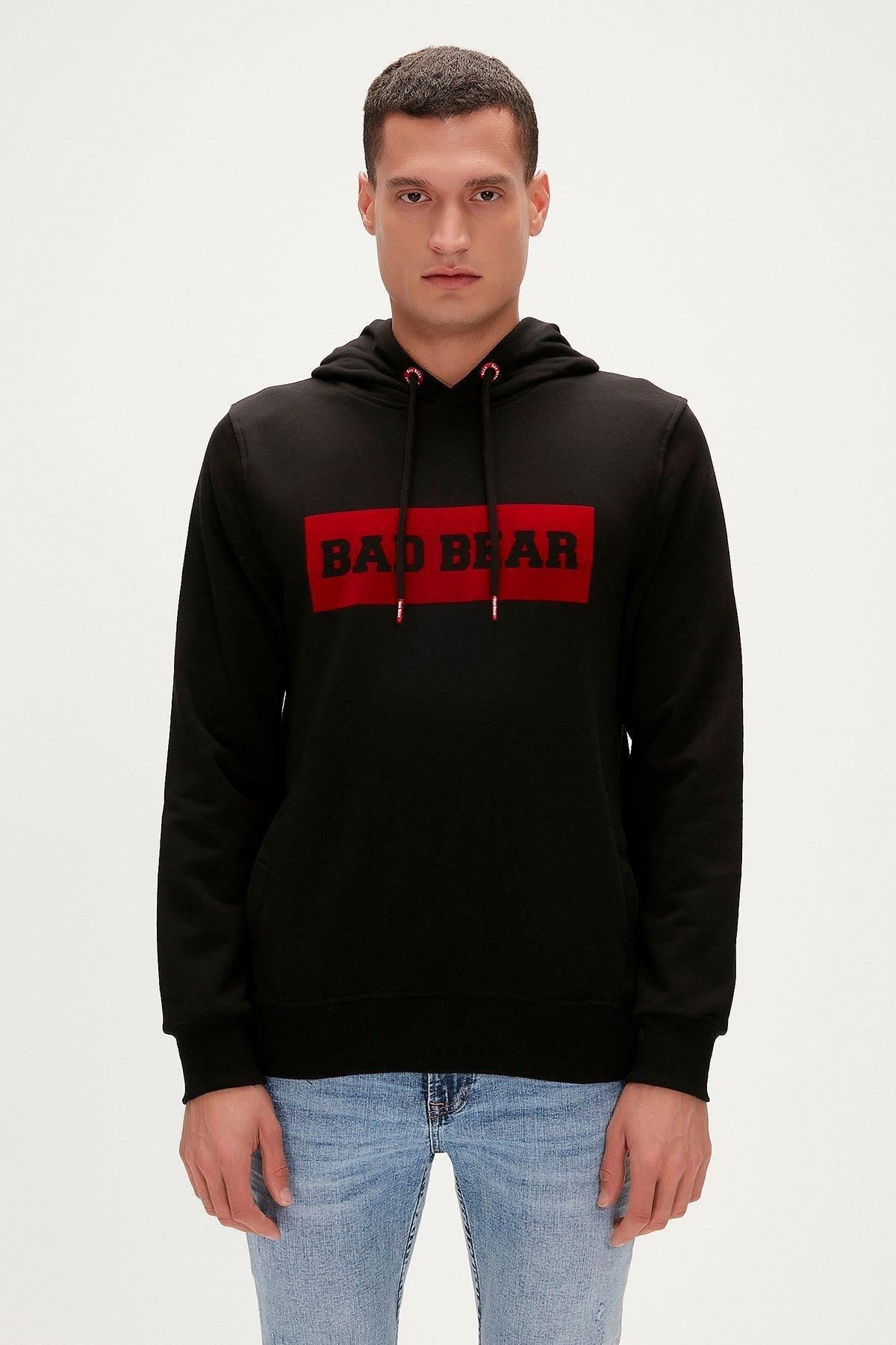 Bad Bear Flog Erkek Siyah Baskılı Kapüşonlu Sweatshirt