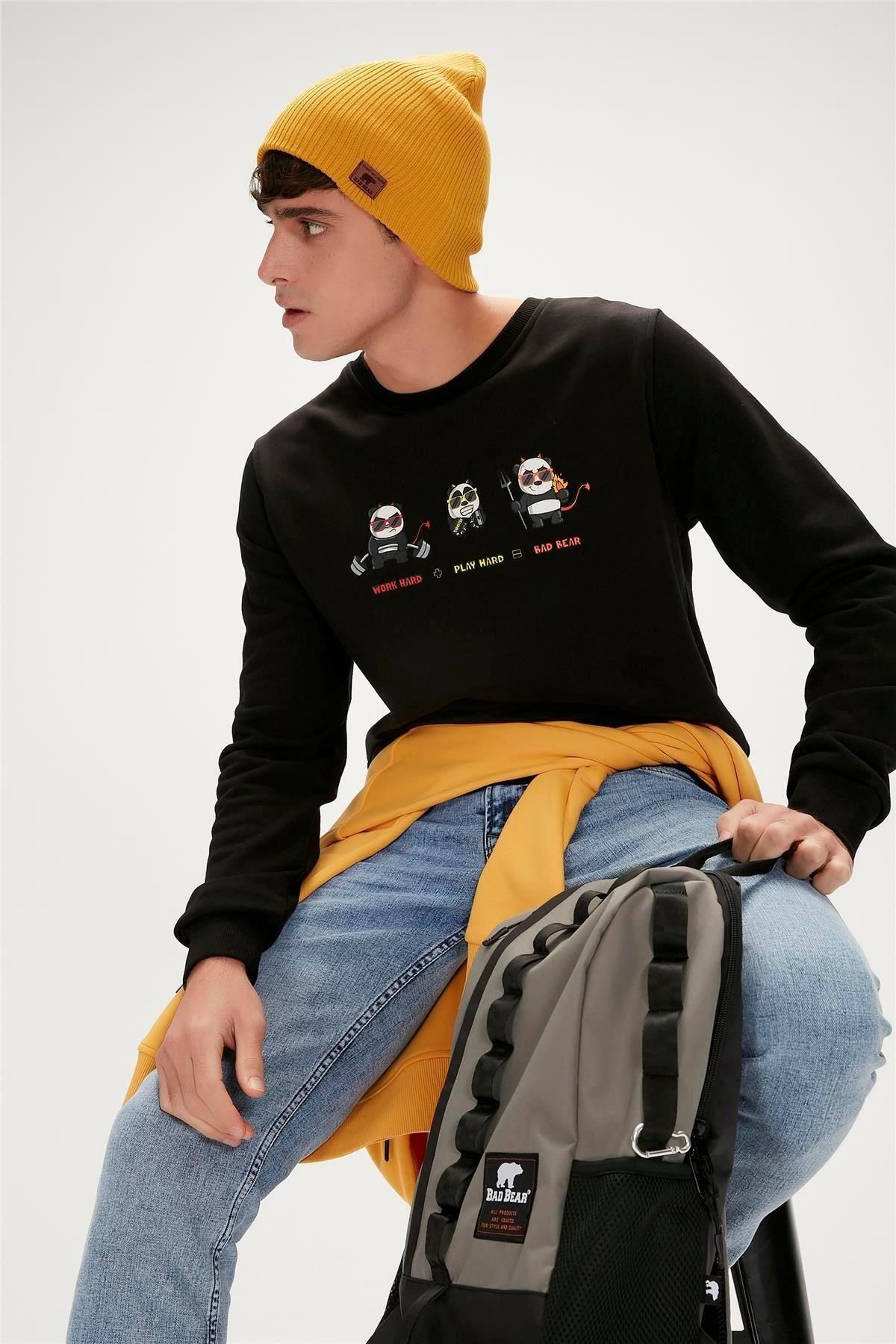 Bad Bear Play Hard Crewneck Siyah Baskılı Erkek Sweatshirt