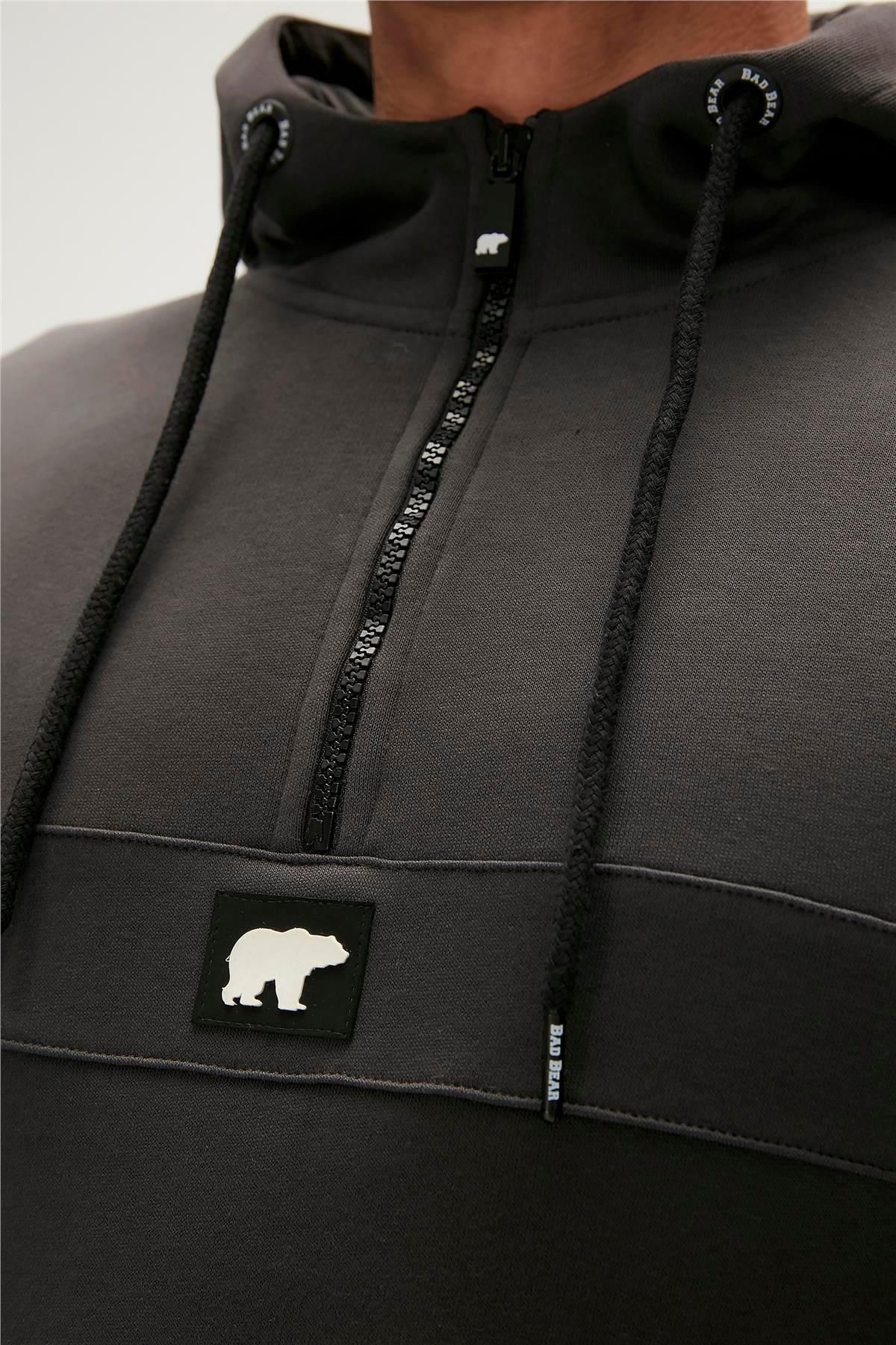 Bad Bear Defence Half-Zip Hoodie Koyu Gri Yarım Fermuarlı Kapüşonlu Erkek Sweatshirt