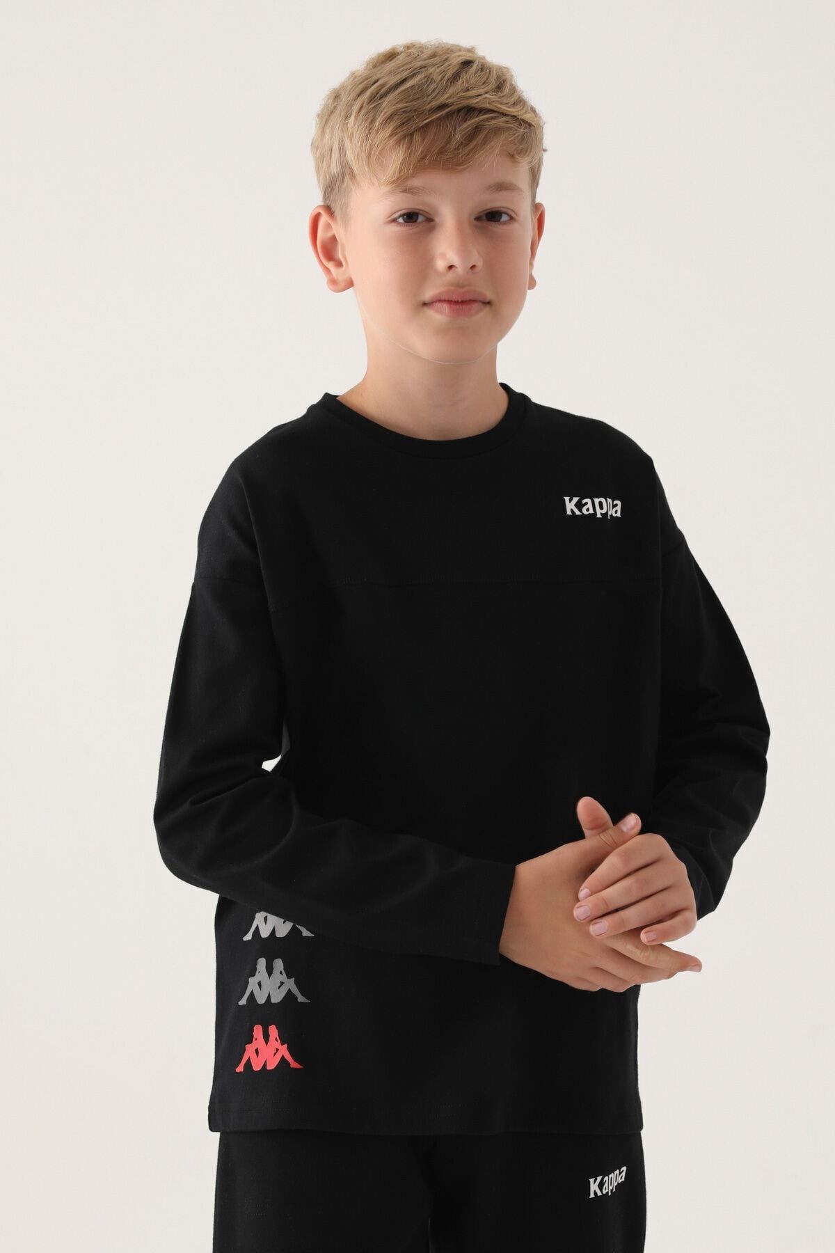 Kappa Siyah Bisiklet Yaka Kappa Logo Baskılı Erkek Çocuk Sweatshirt