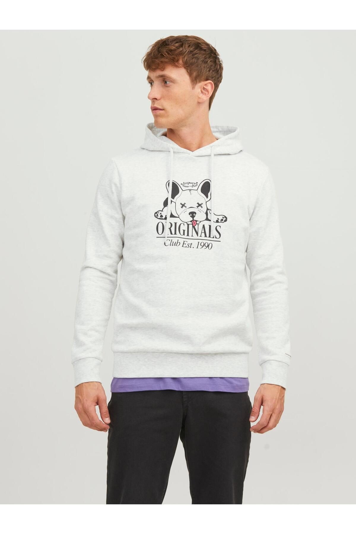 Jack & Jones Erkek Beware Baskılı Kapüşonlu Sweatshirt Beyaz