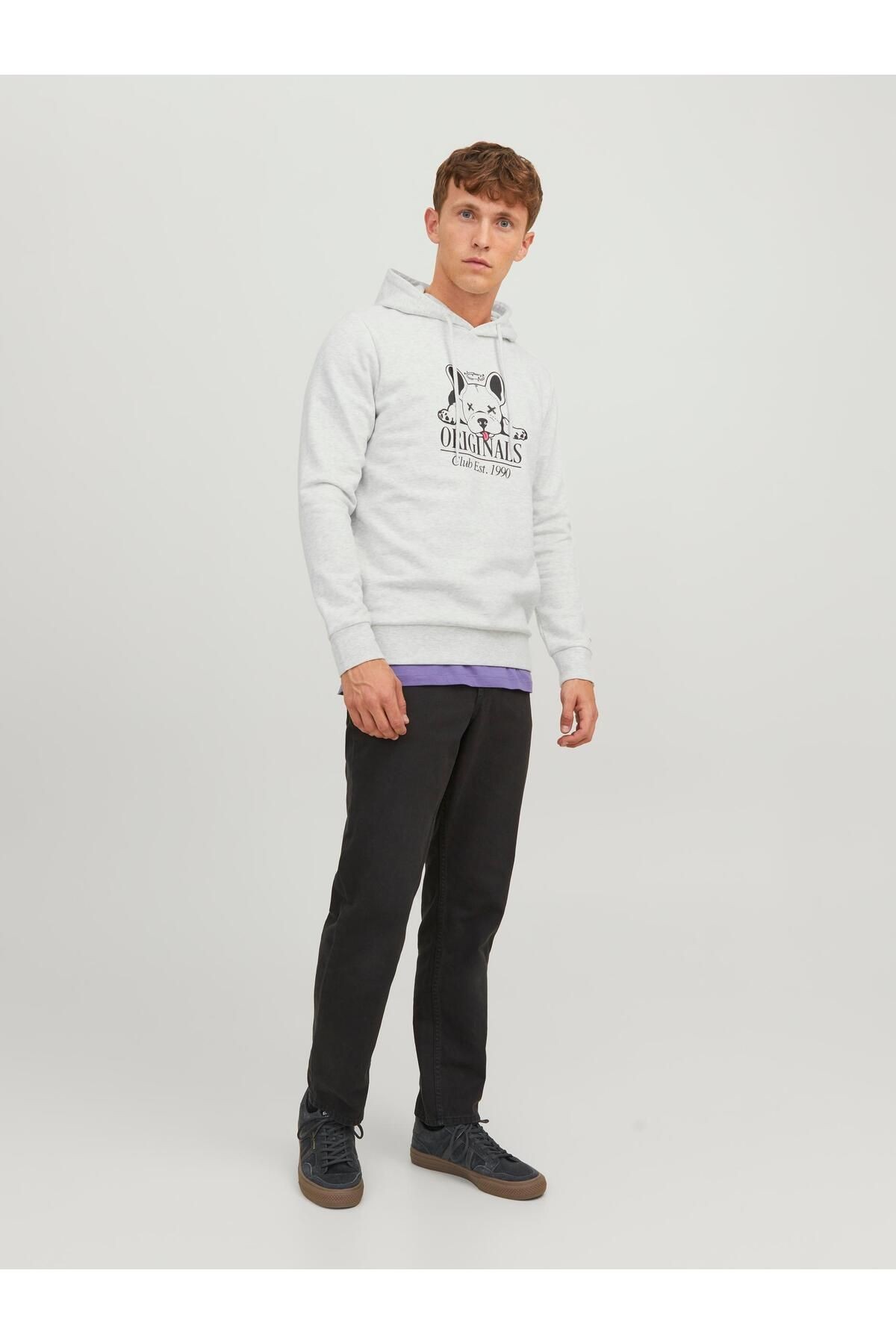 Jack & Jones Erkek Beware Baskılı Kapüşonlu Sweatshirt Beyaz