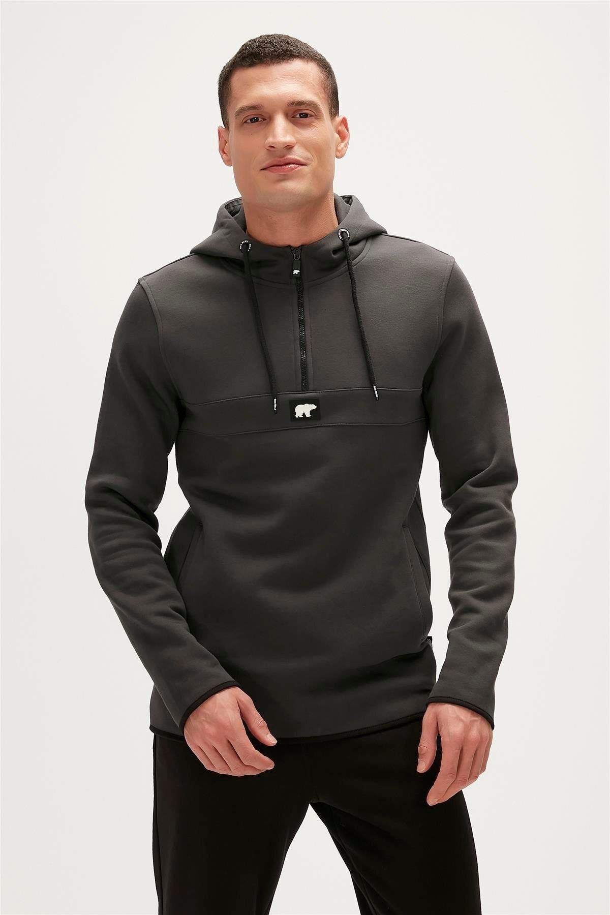 Bad Bear Defence Half-Zip Hoodie Koyu Gri Yarım Fermuarlı Kapüşonlu Erkek Sweatshirt