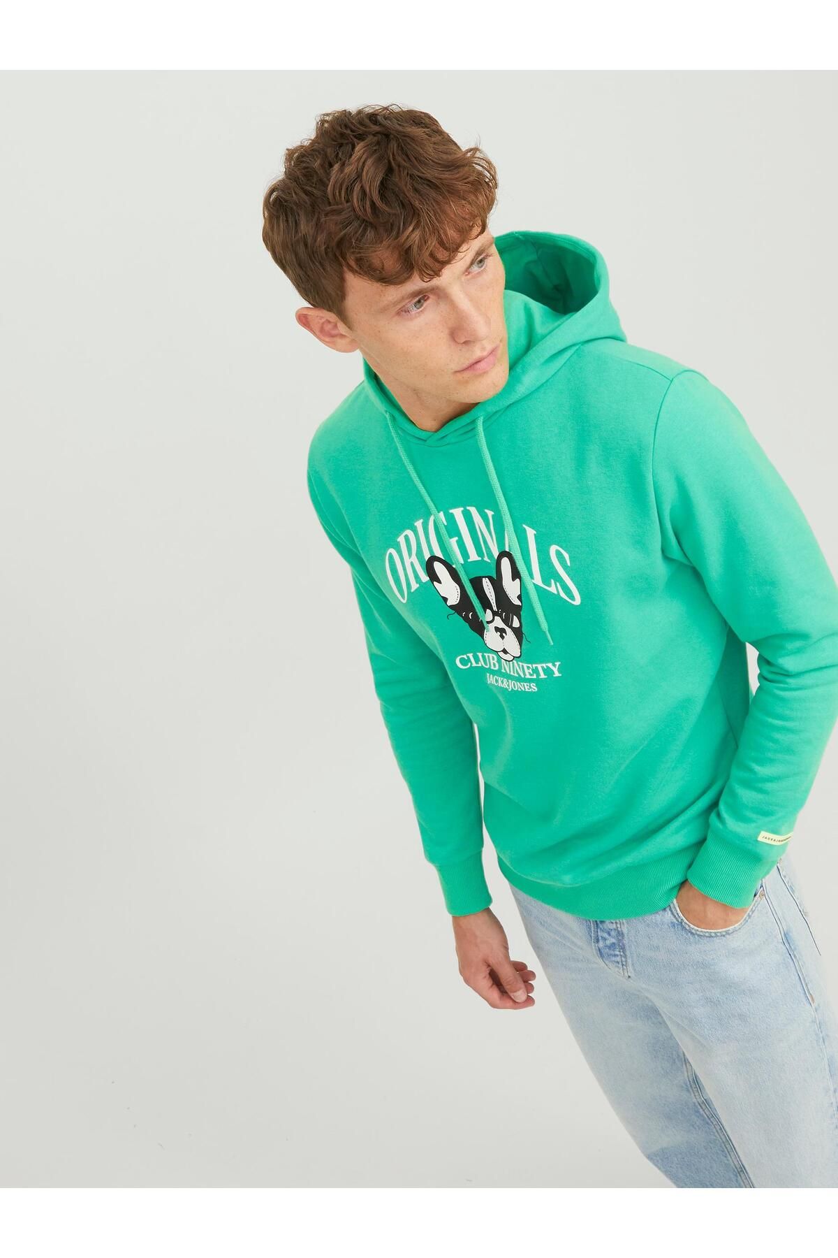 Jack & Jones Erkek Beware Baskılı Kapüşonlu Sweatshirt 12244219 Yeşil