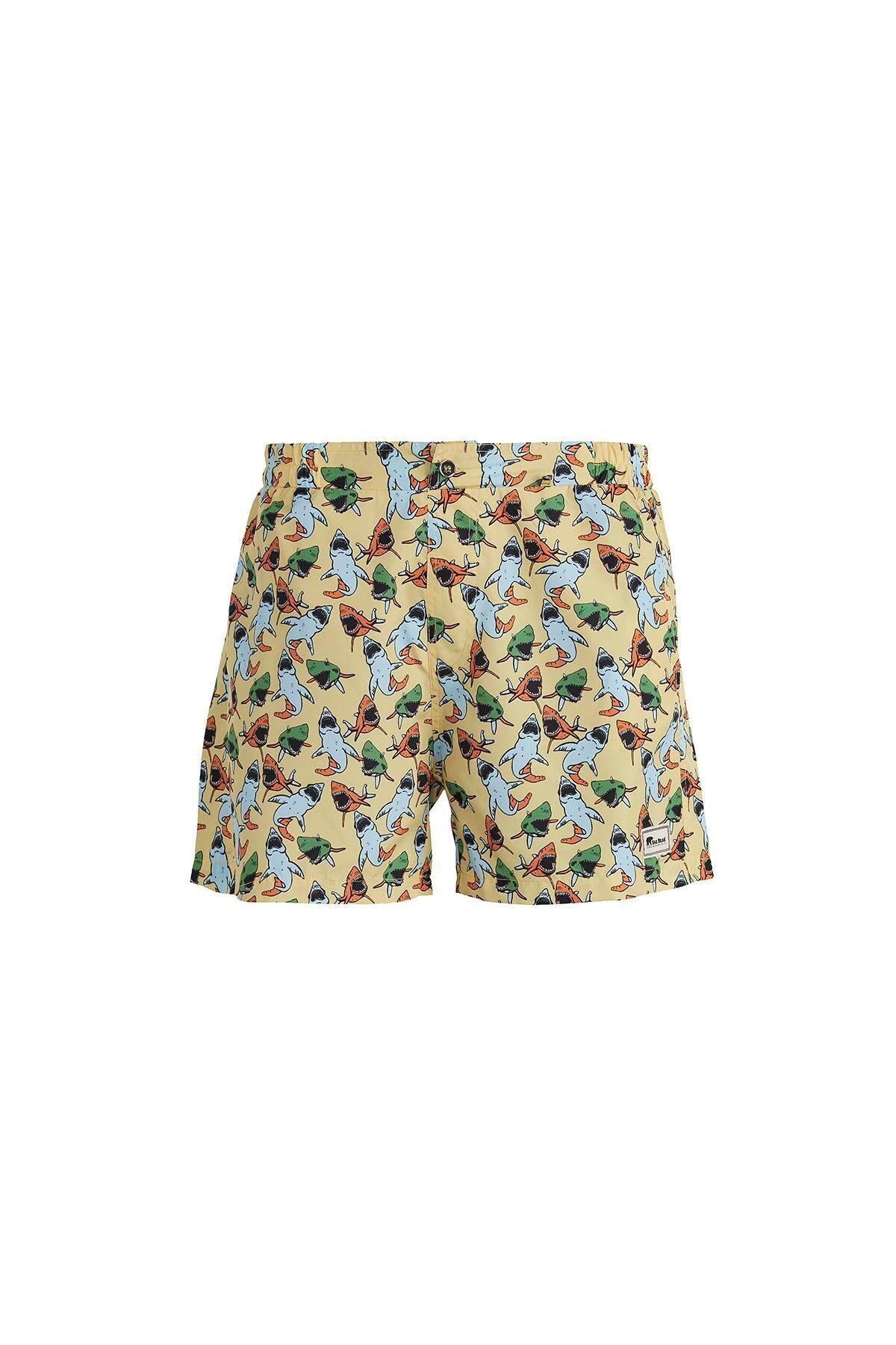 Bad Bear Cepli Köpek Balığı Baskılı Desenli Sarı Erkek Şort Mayo