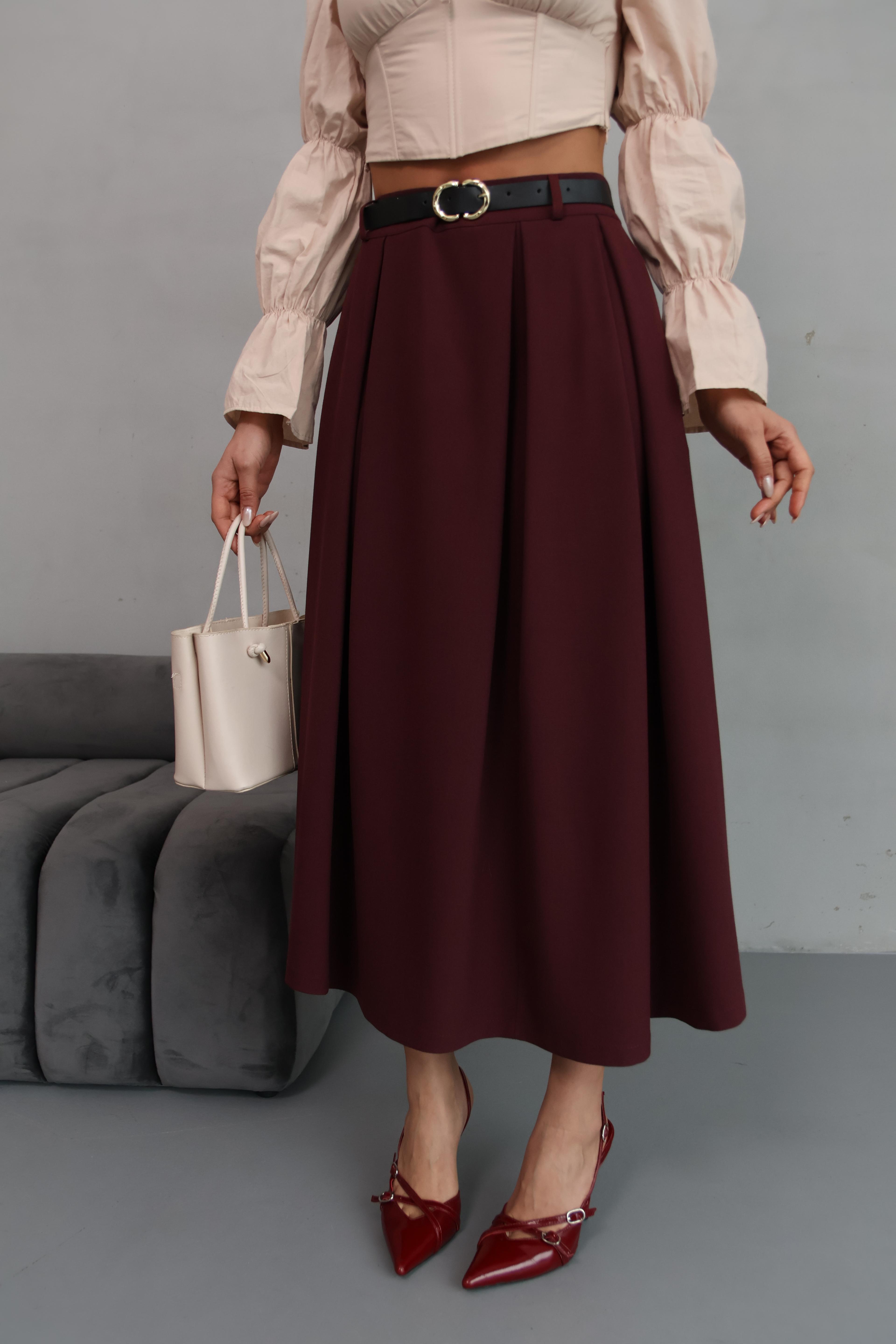 İkonik Pile Detay Kemerli Etek(87Cm) - Bordo