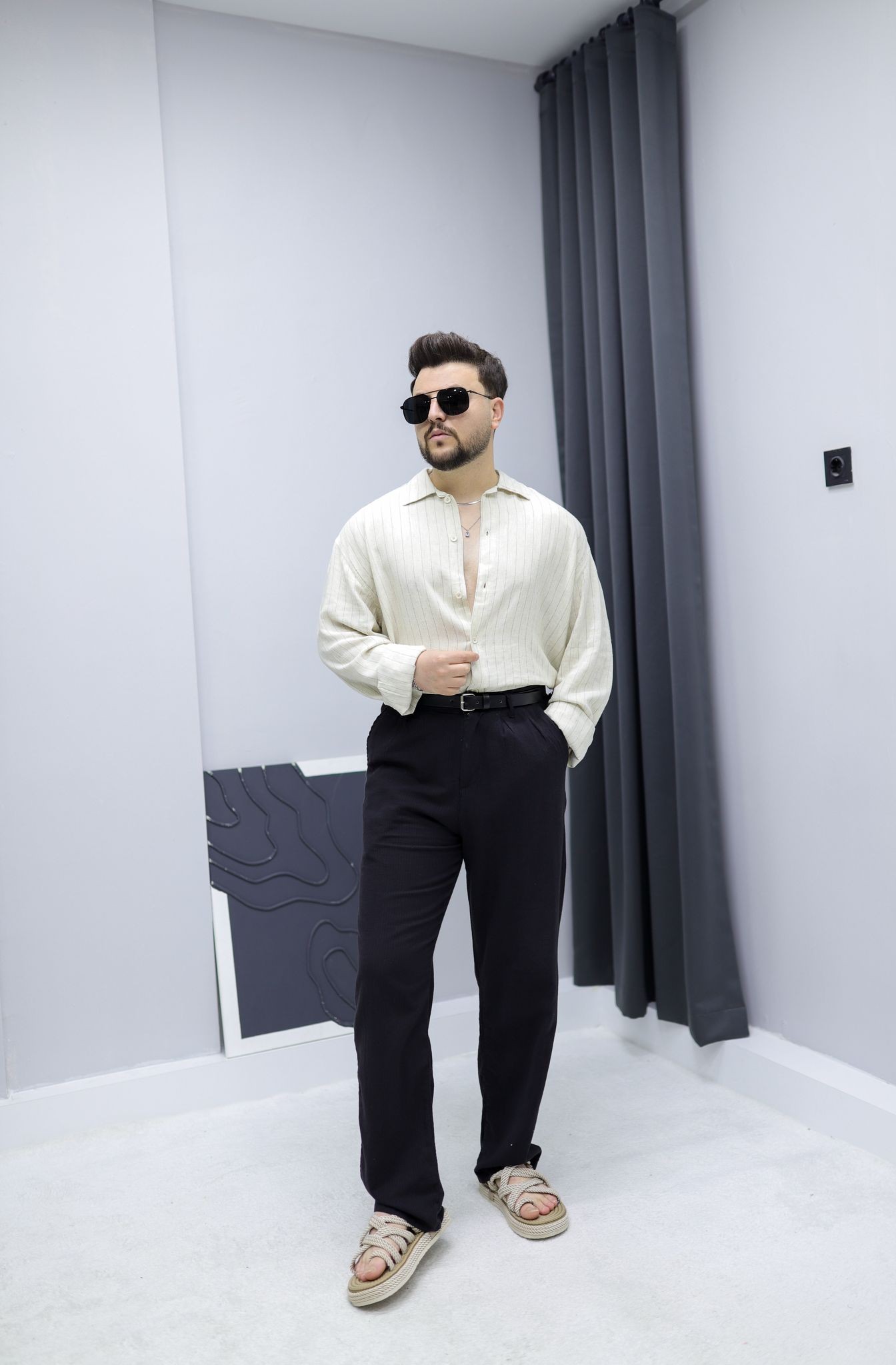 Siyah Çizgili Keten Oversize Gömlek - Krem