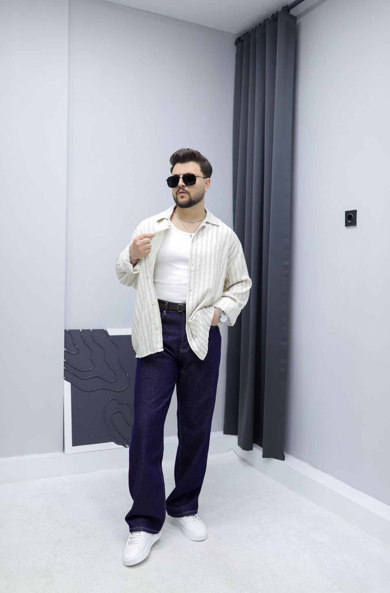 Siyah Çizgili Keten Oversize Gömlek - Açık kahve